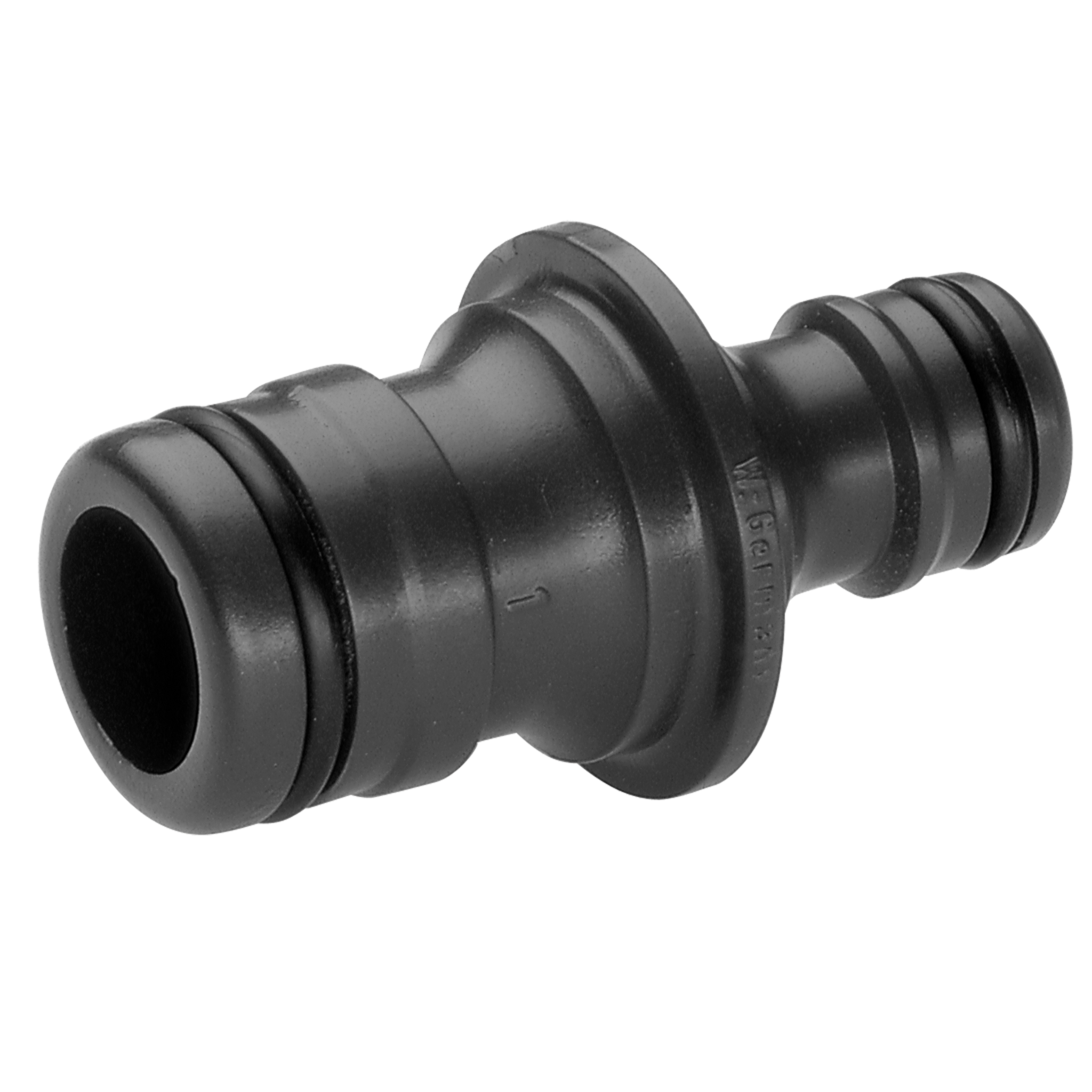 Front view of a hose connector with dual ring seals.