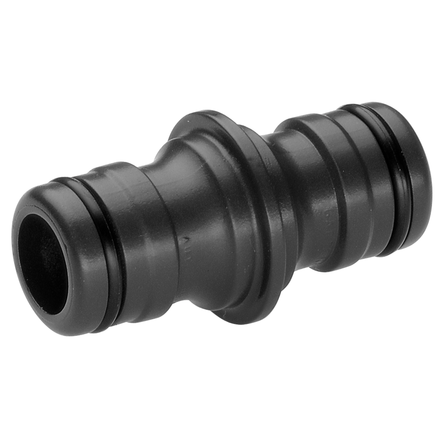Front view of a hose connector with double-ended design.