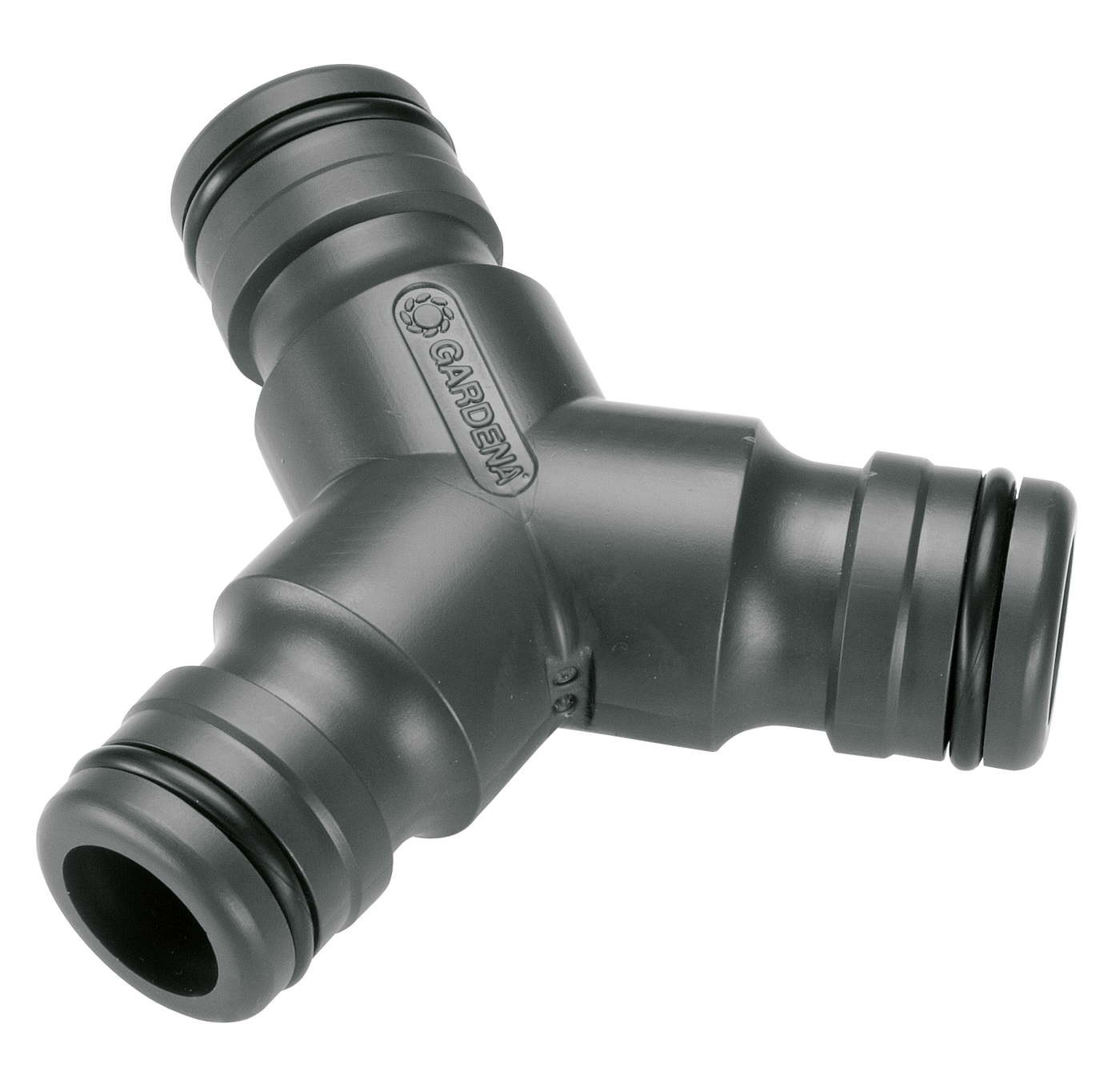 Front view of a Gardena hose connector with three outlets.