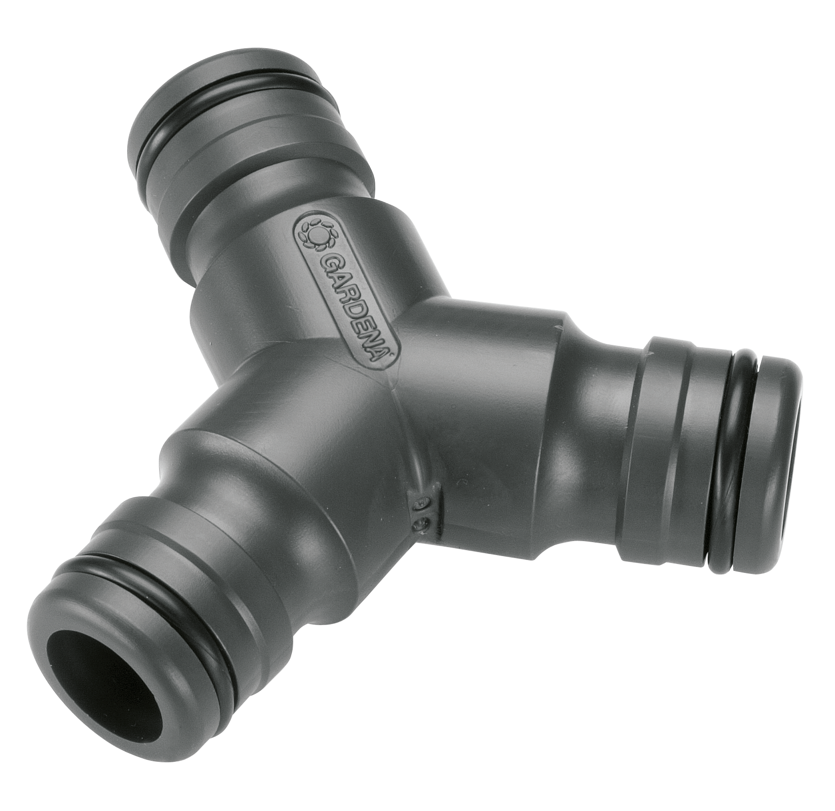 Front view of a Gardena hose connector with three outlets.