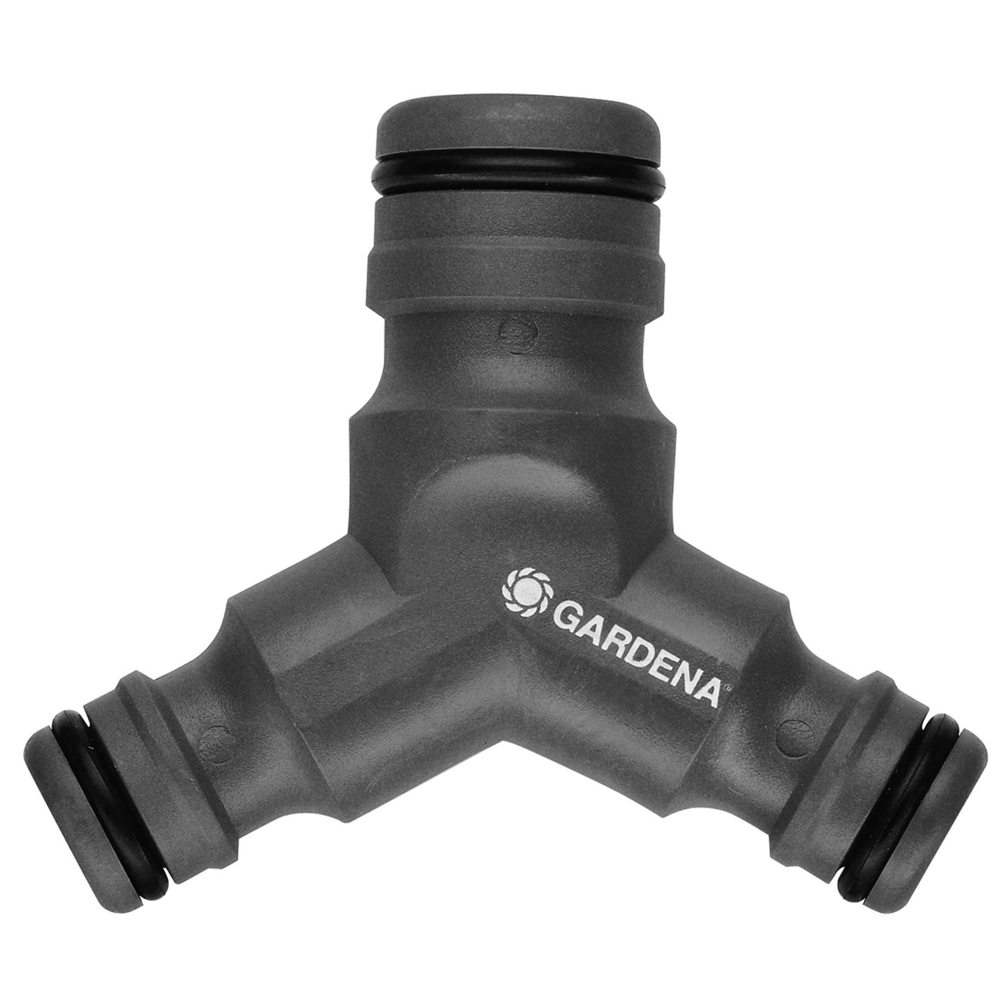 Front view of a Gardena hose connector with three outlets.