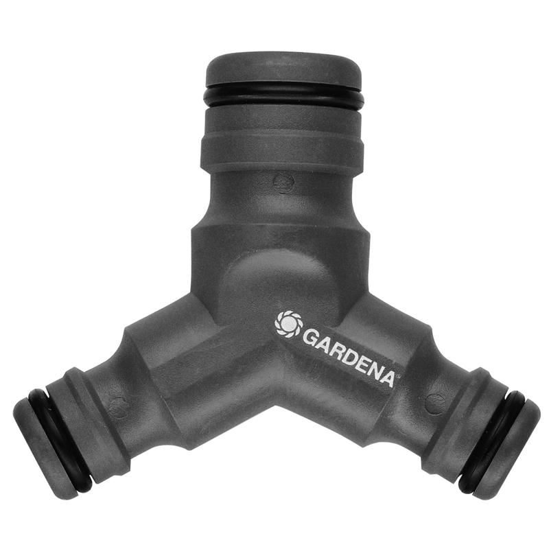 Front view of a Gardena hose connector with three outlets., PVC Hulpstuk bij Vijvercentrum