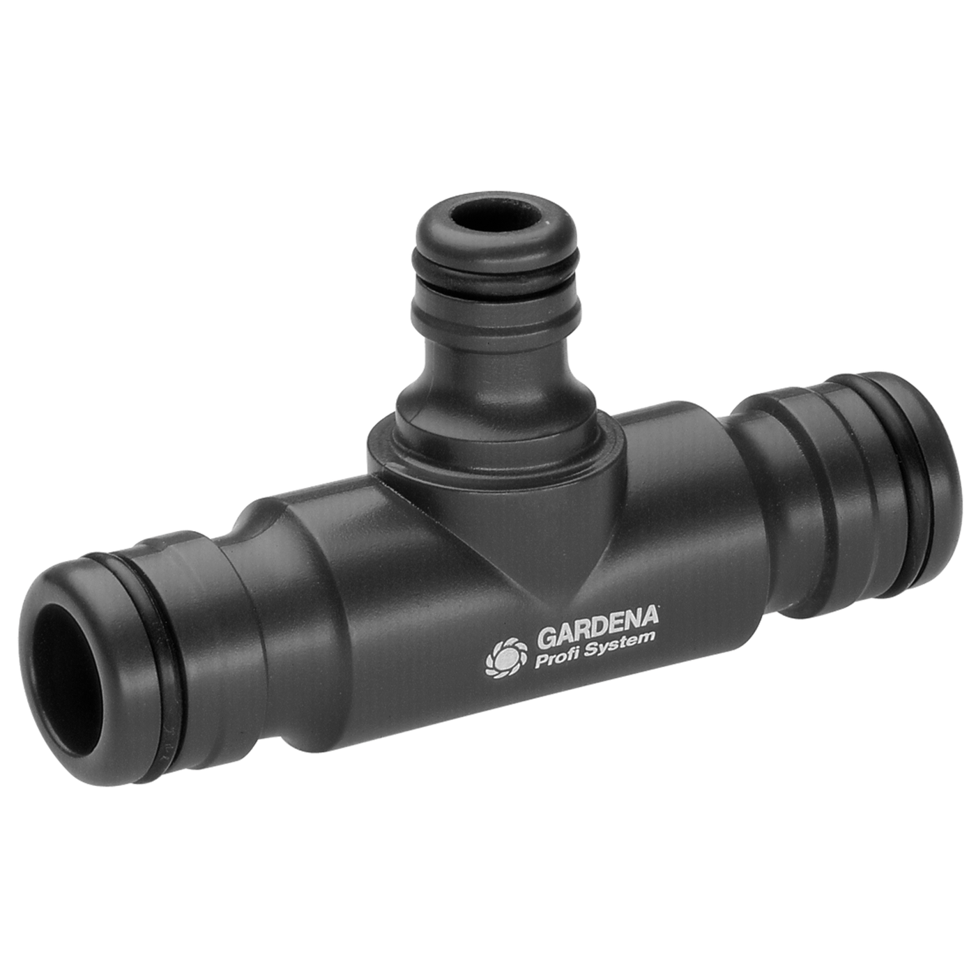 Front view of a Gardena Profi System hose connector.