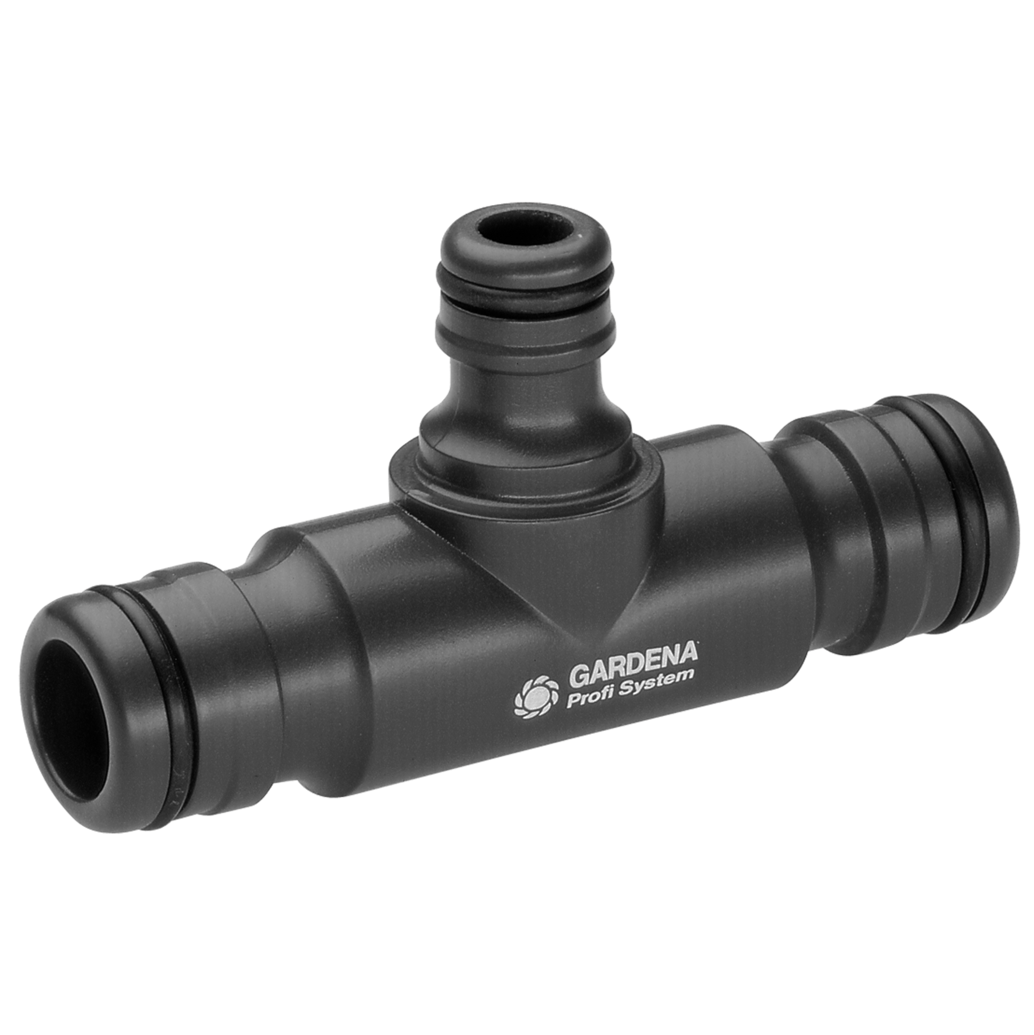 Front view of a Gardena Profi System hose connector.