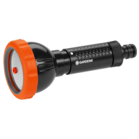 Front view of a Gardena garden hose nozzle with adjustable spray head., miniatuur 1