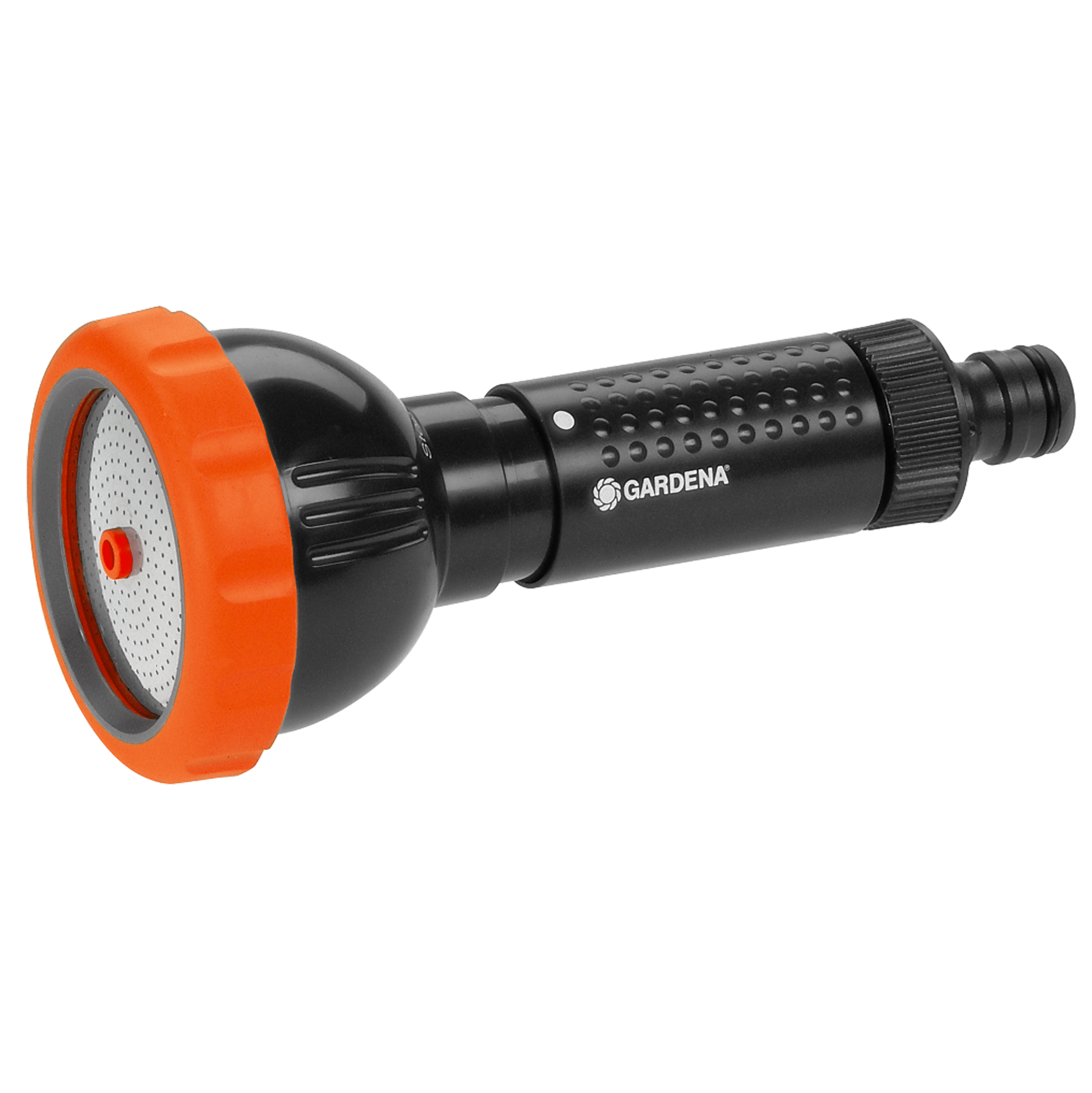 Front view of a Gardena garden hose nozzle with adjustable spray head.