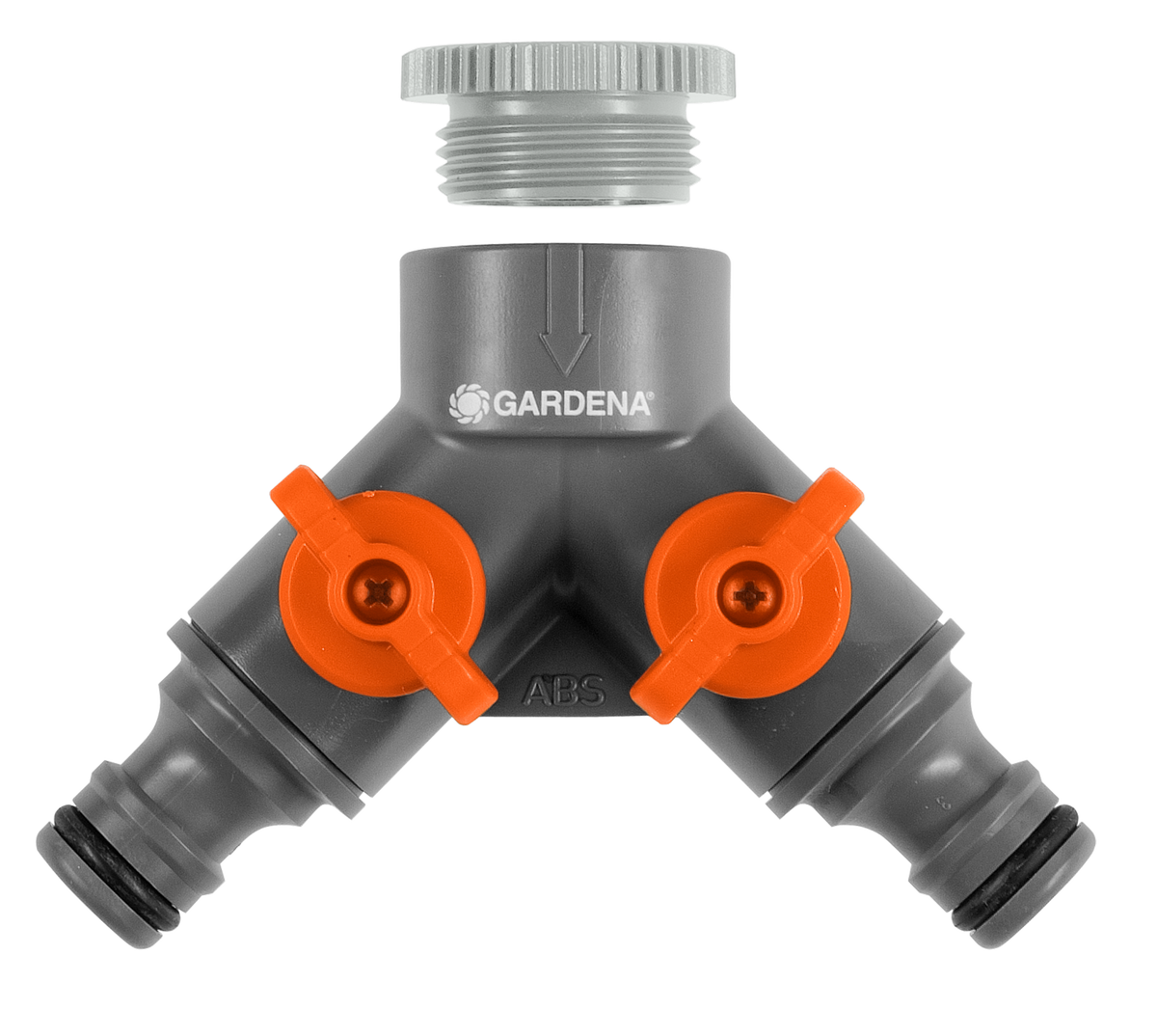 Front view of a Gardena hose connector with dual outlets and adjustable flow control.