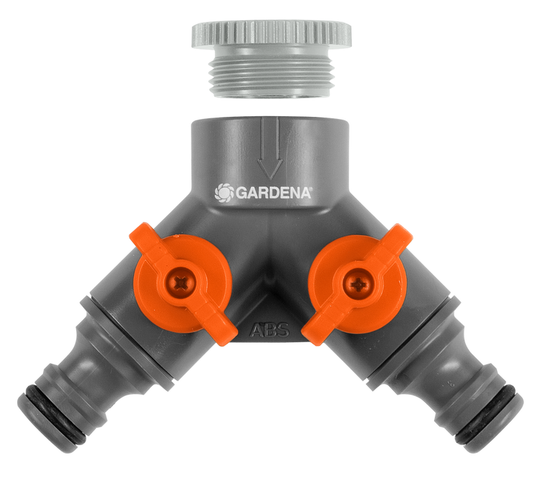 Front view of a Gardena hose connector with dual outlets and adjustable flow control., PVC Hulpstuk bij Vijvercentrum