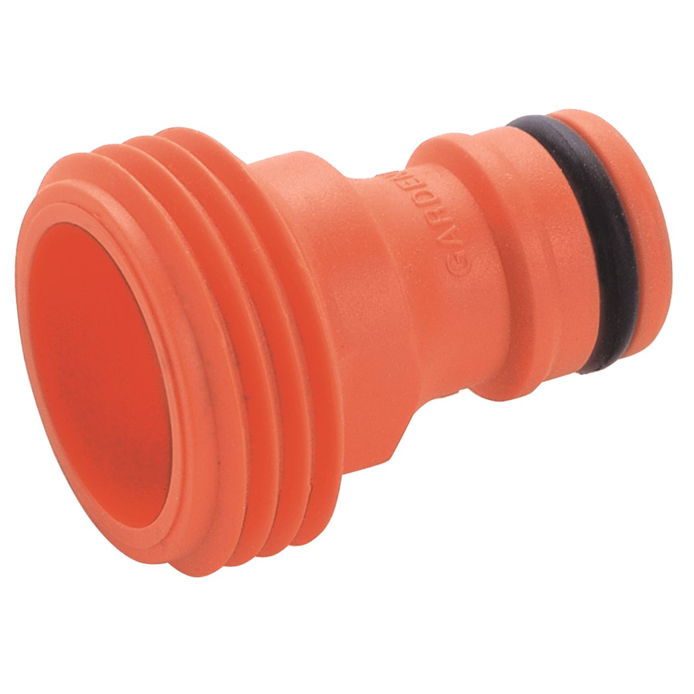 Front view of a Gardena hose connector with threaded end and rubber seal.