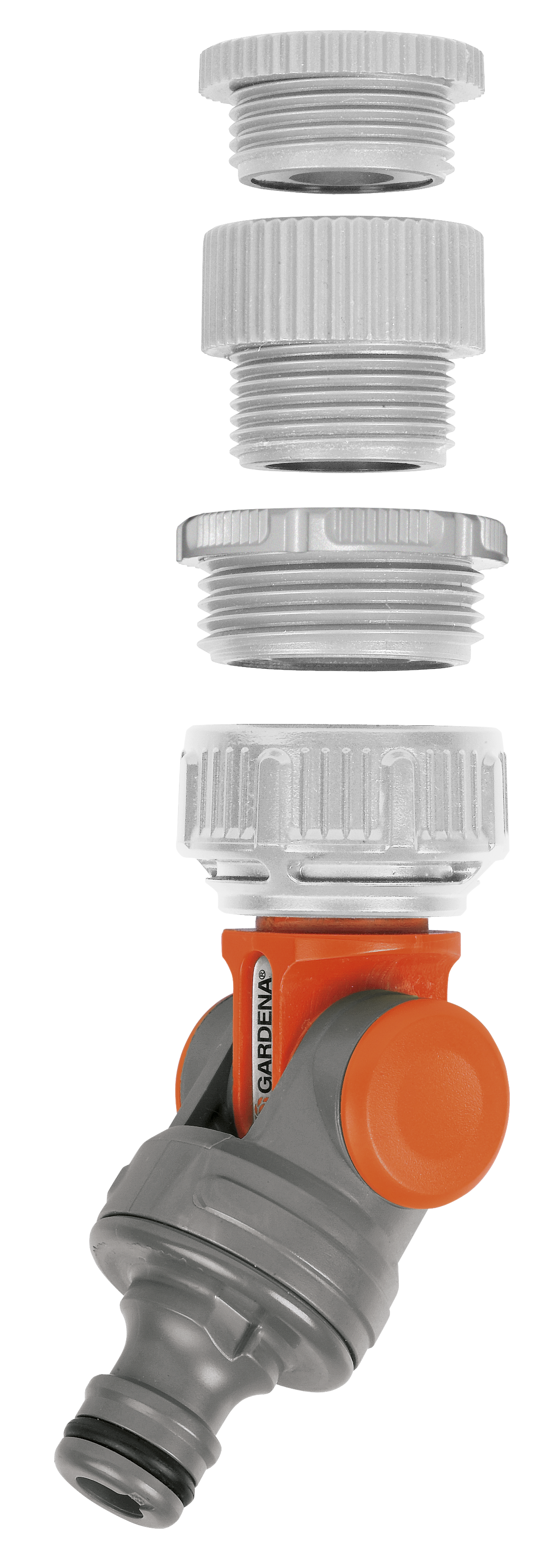 Gardena water hose connector with adjustable fittings, shown in an exploded view.