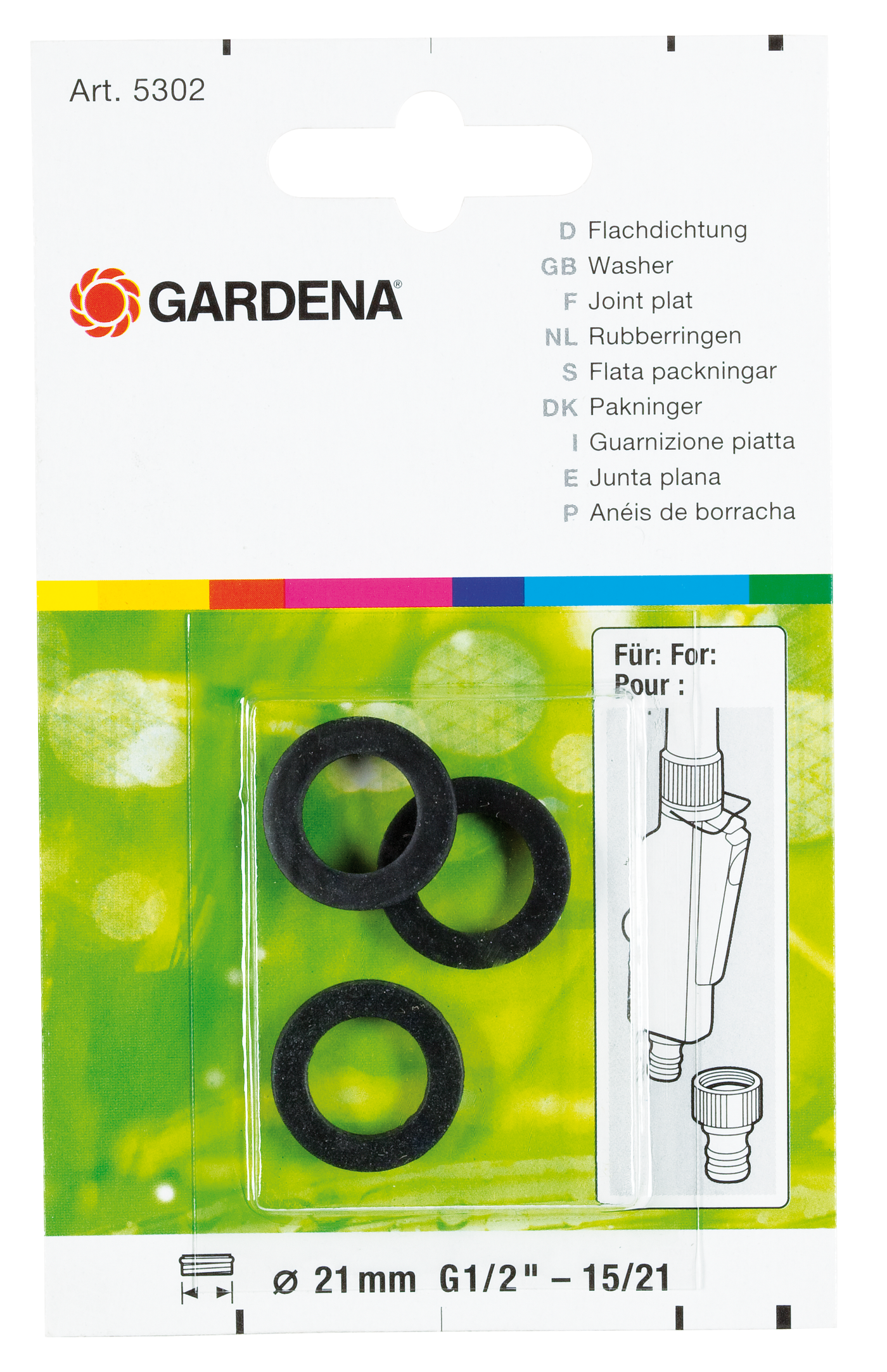 Gardena washers packaged for garden hose connectors, with multilingual labeling.