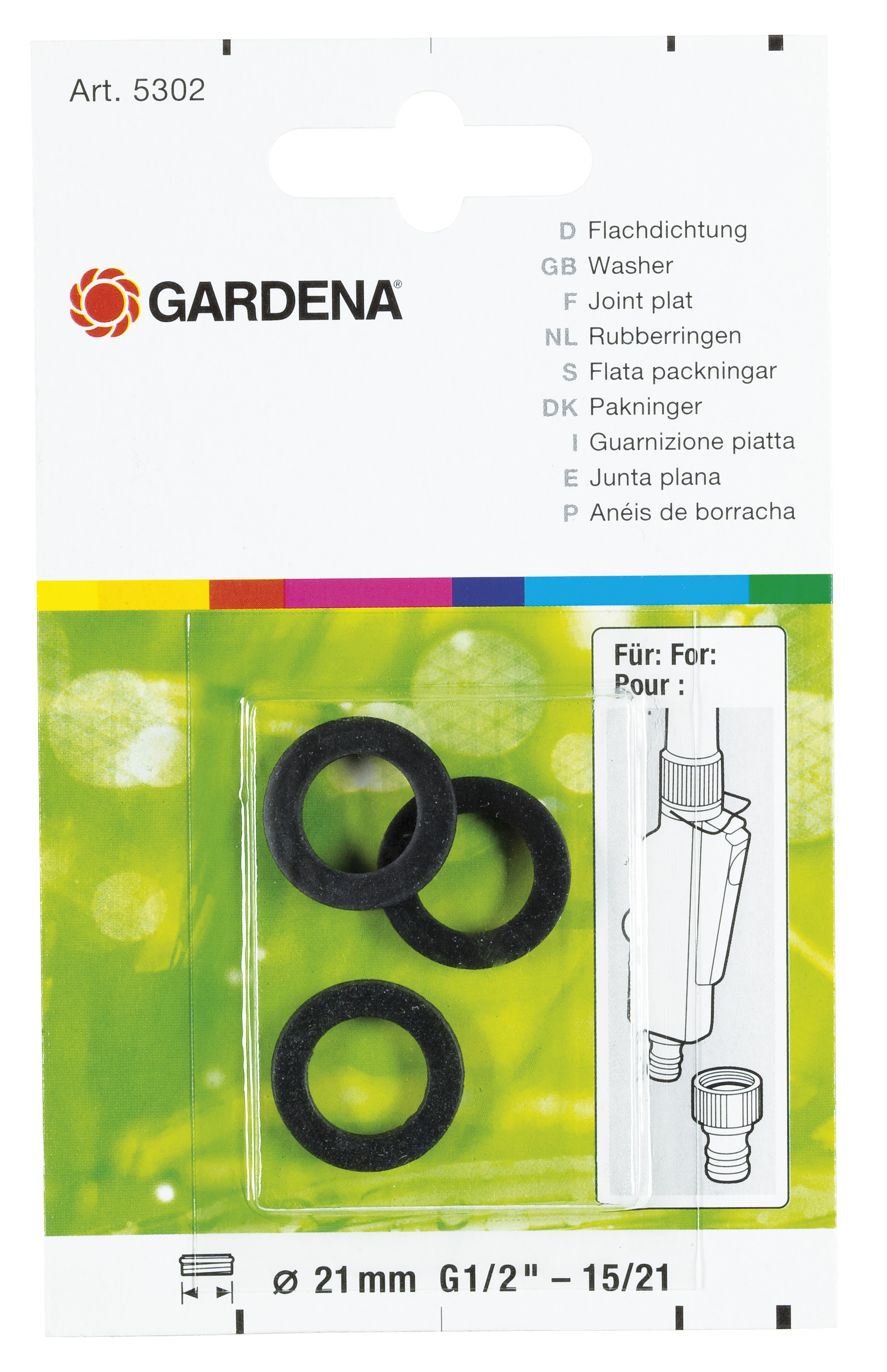 Gardena washers packaged for garden hose connectors, with multilingual labeling.