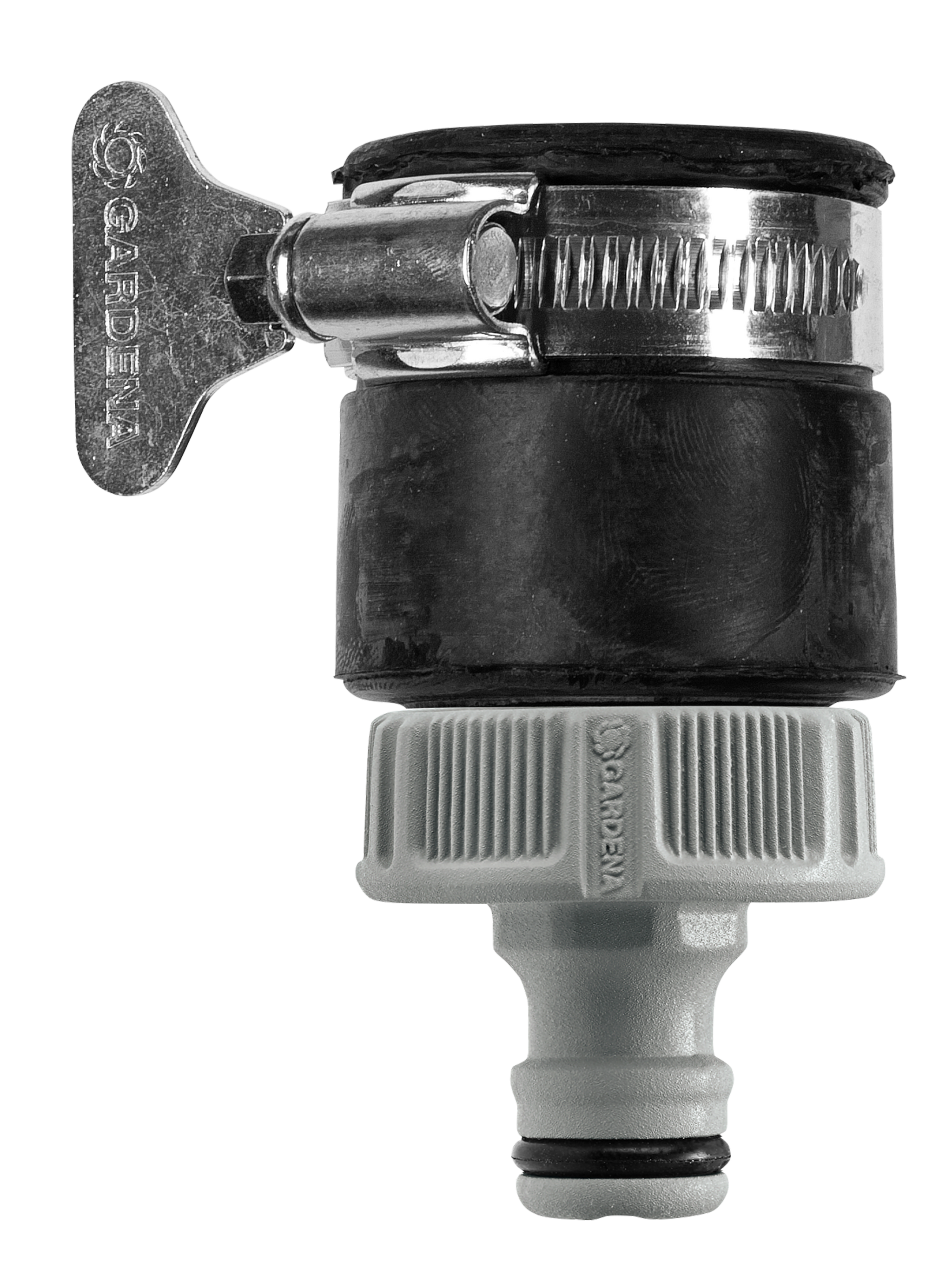 Front view of a Gardena hose connector with a metal clamp.