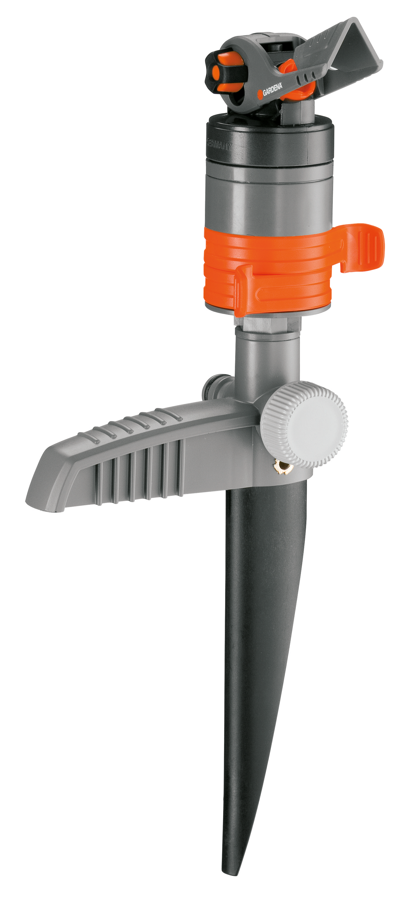 Front view of a Gardena garden sprinkler with adjustable settings.