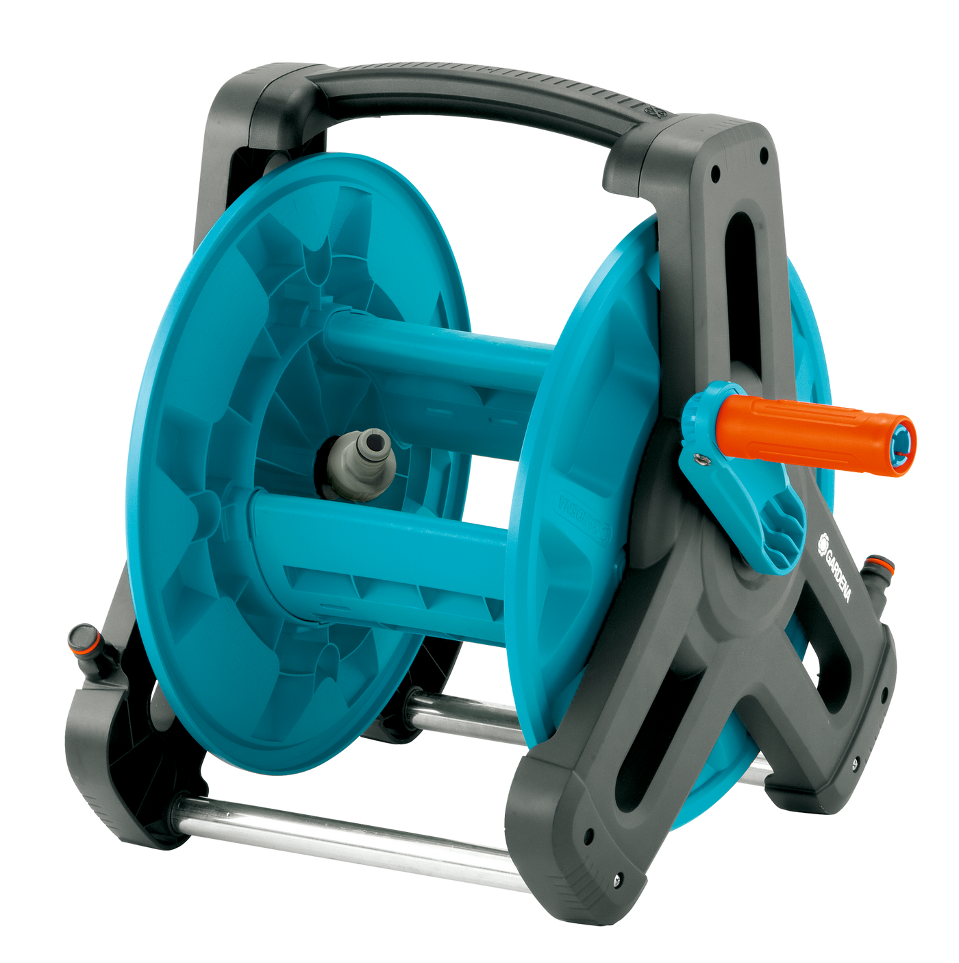 Front view of a Gardena hose reel with ergonomic handle.