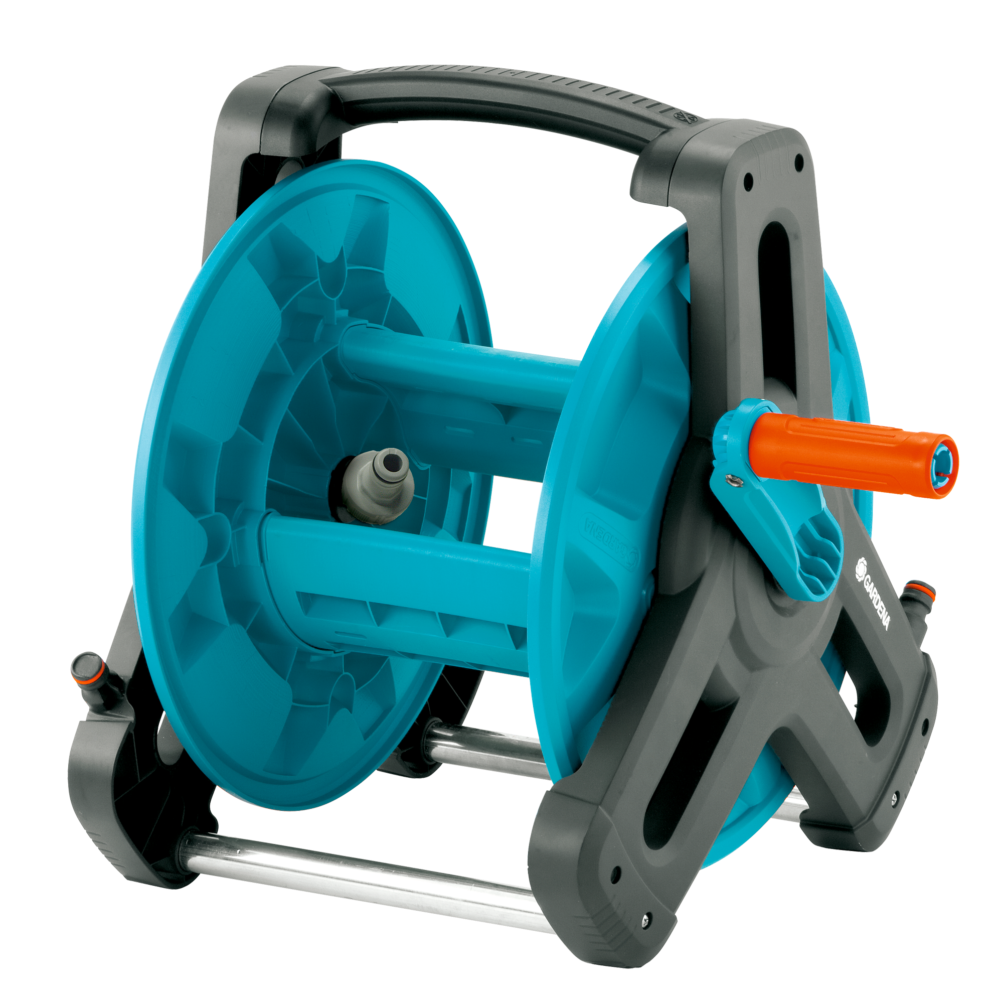 Front view of a Gardena hose reel with ergonomic handle.