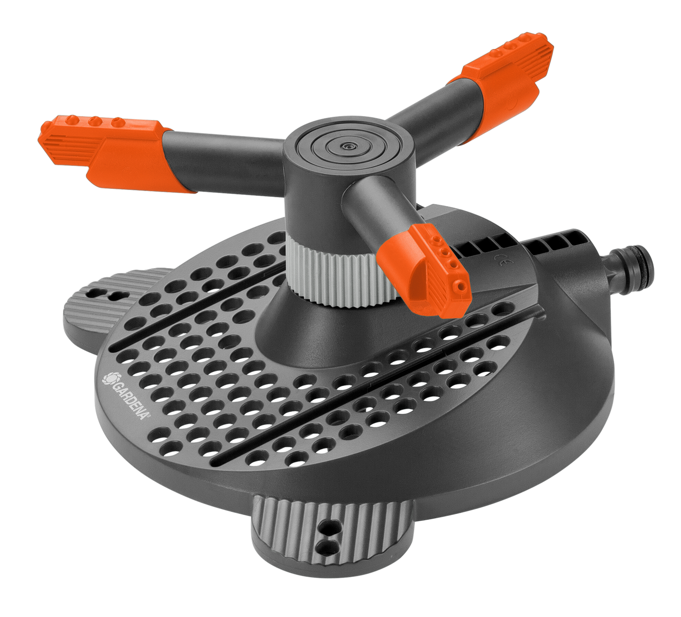 Front view of a Gardena garden sprinkler with adjustable nozzles.