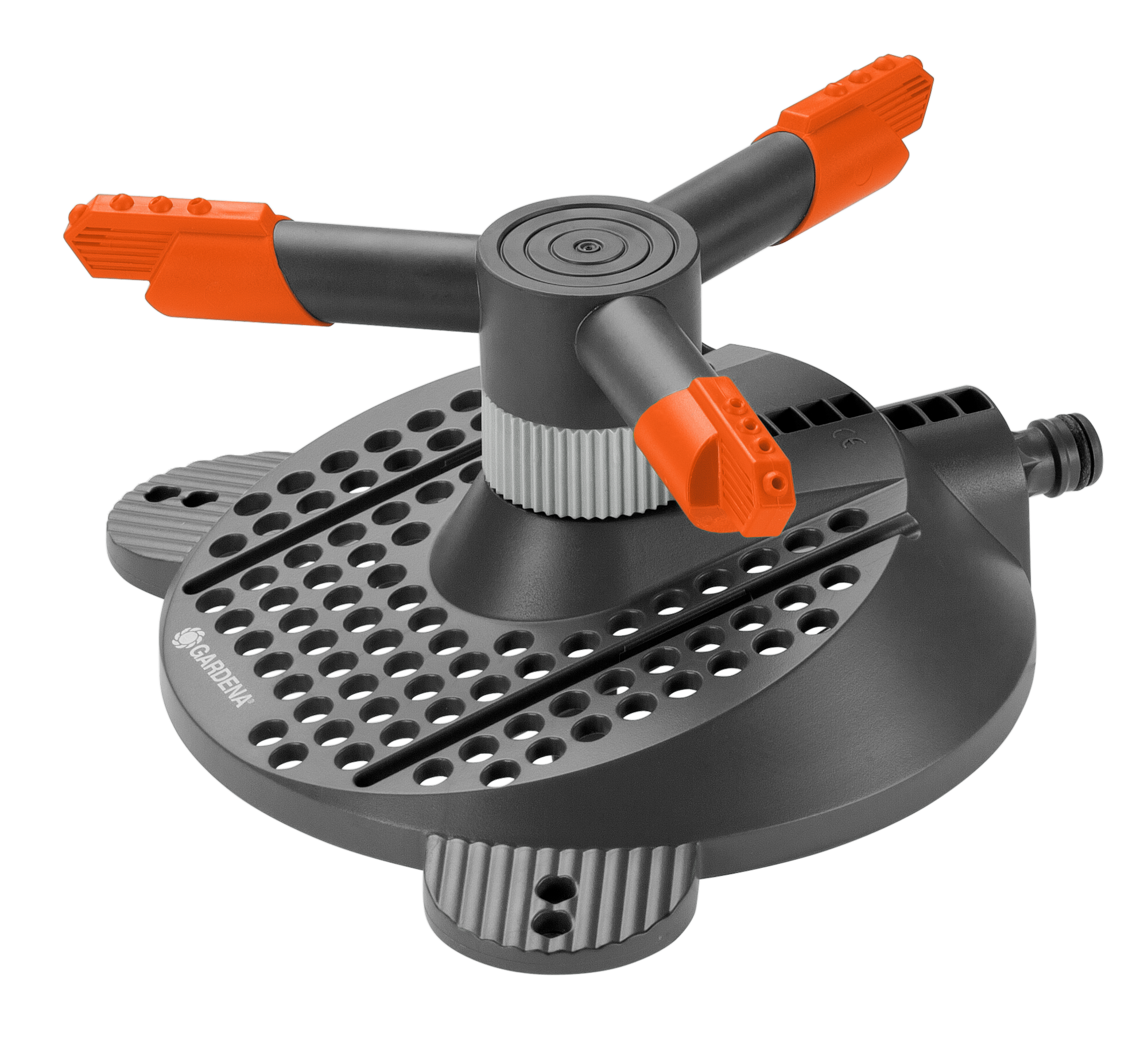 Front view of a Gardena garden sprinkler with adjustable nozzles.
