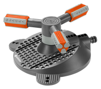 Front view of a Gardena garden sprinkler with adjustable arms., miniatuur 1