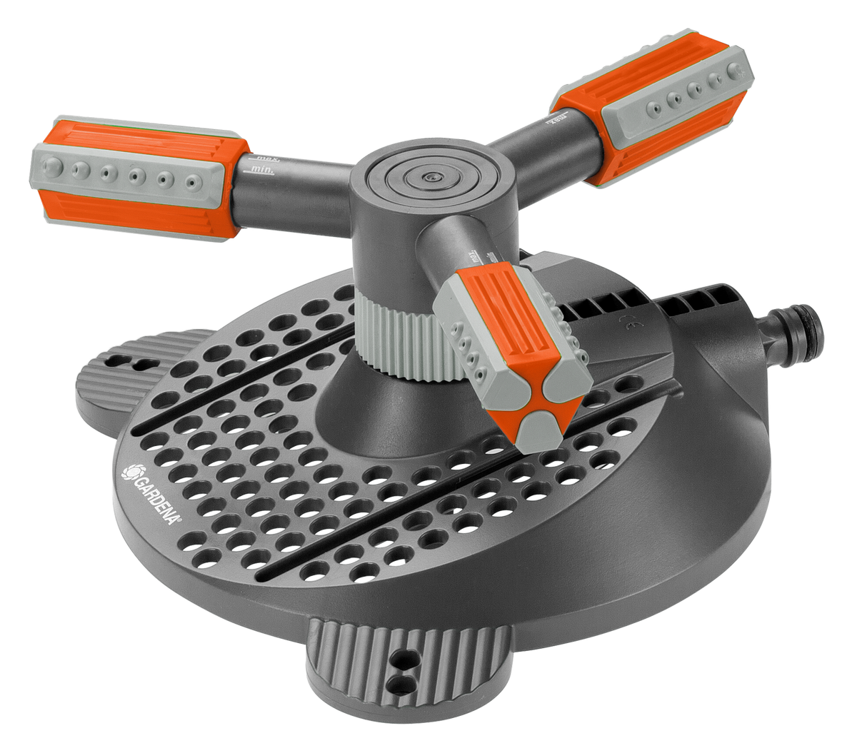 Front view of a Gardena garden sprinkler with adjustable arms.