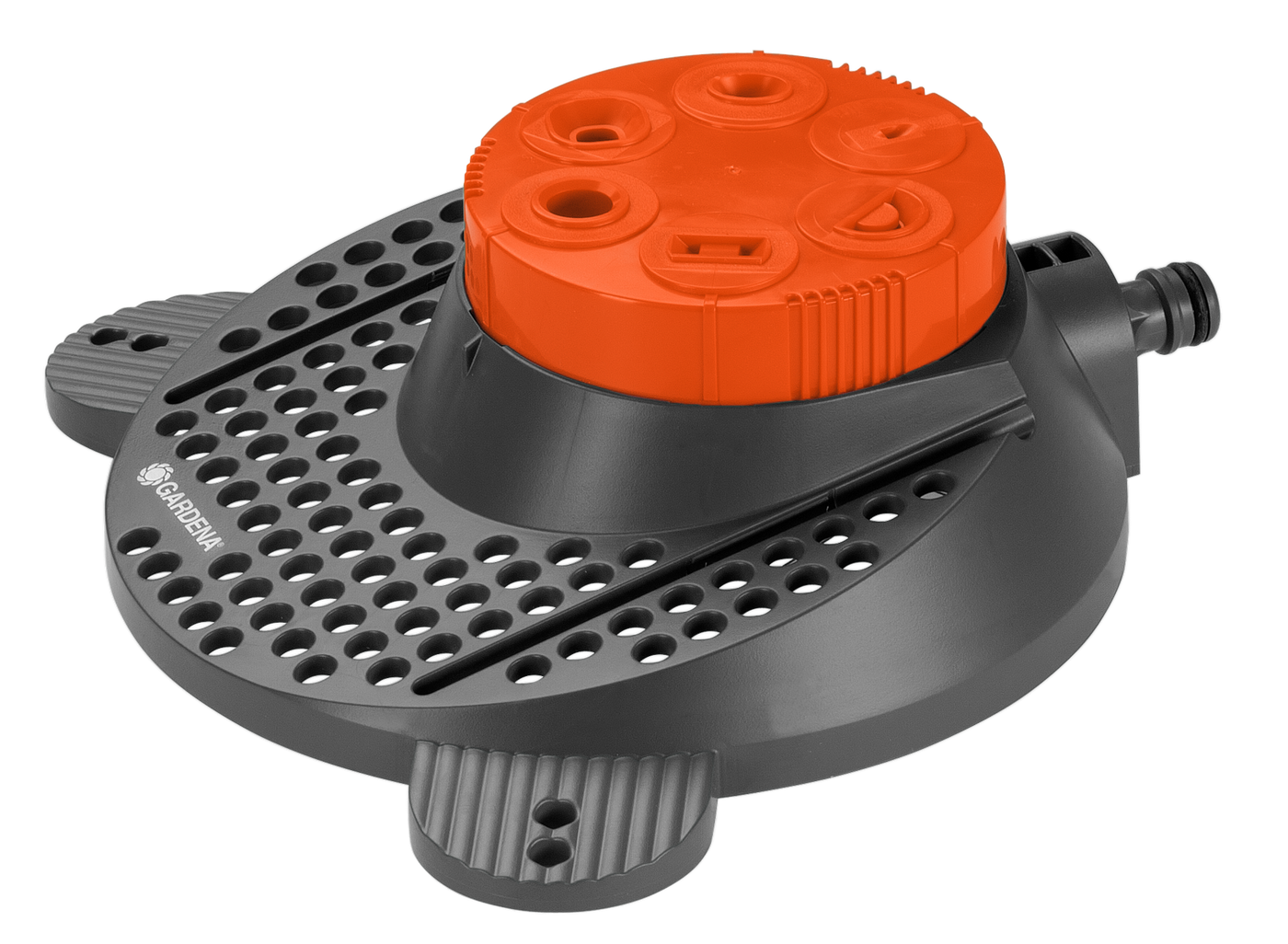 Front view of a Gardena garden sprinkler with multiple spray patterns.