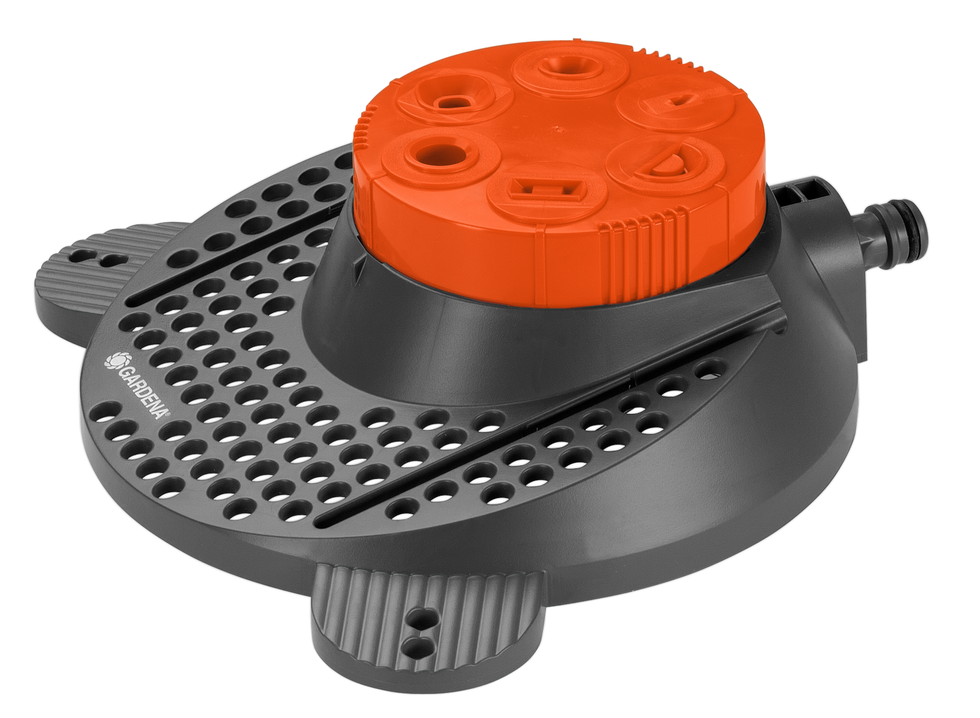 Front view of a Gardena garden sprinkler with multiple spray patterns.