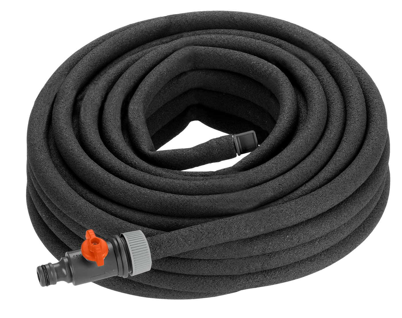 Front view of a coiled garden hose with a connector and valve.