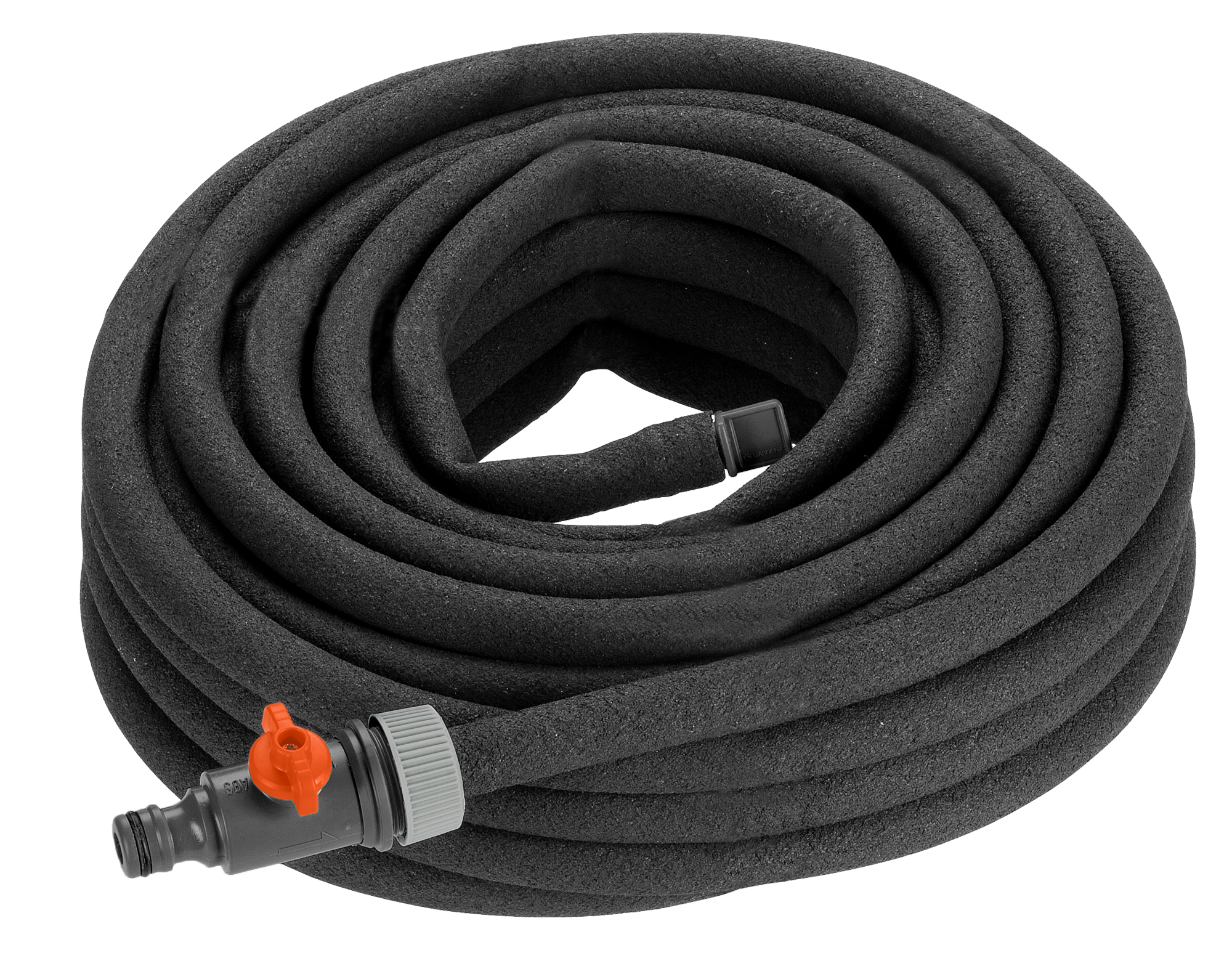 Front view of a coiled garden hose with a connector and valve.