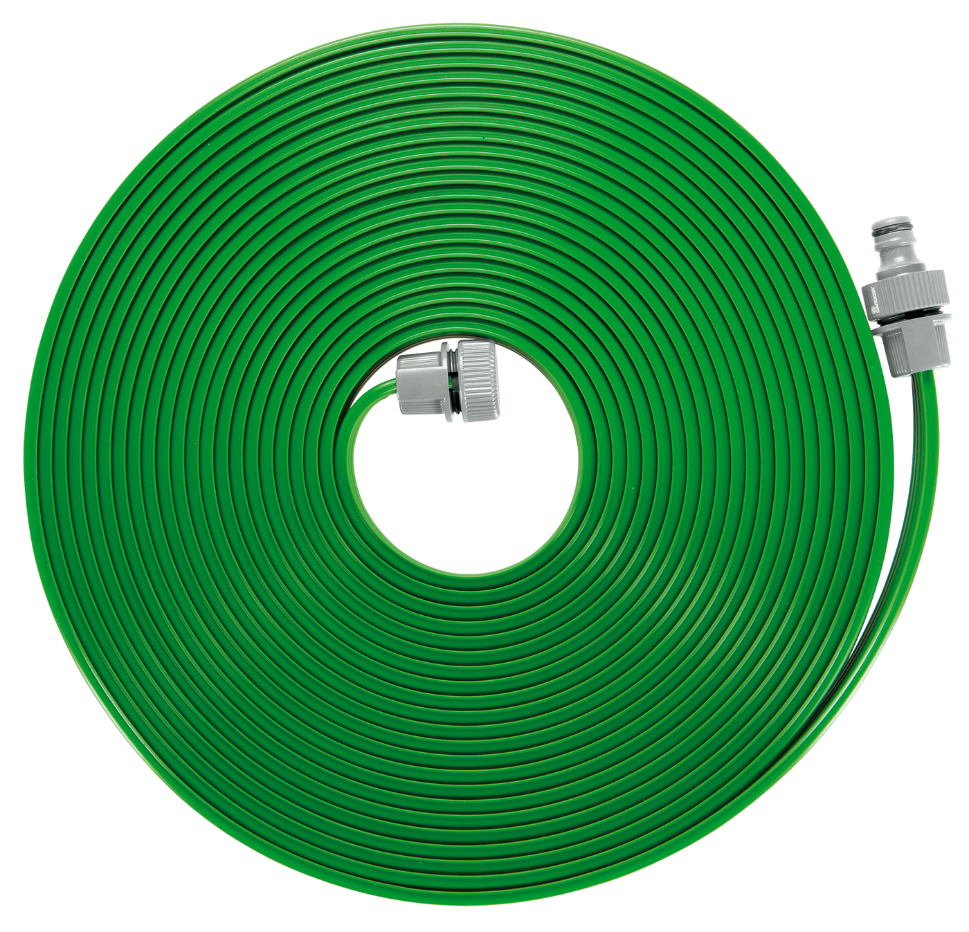 Top view of a coiled garden hose with connectors.