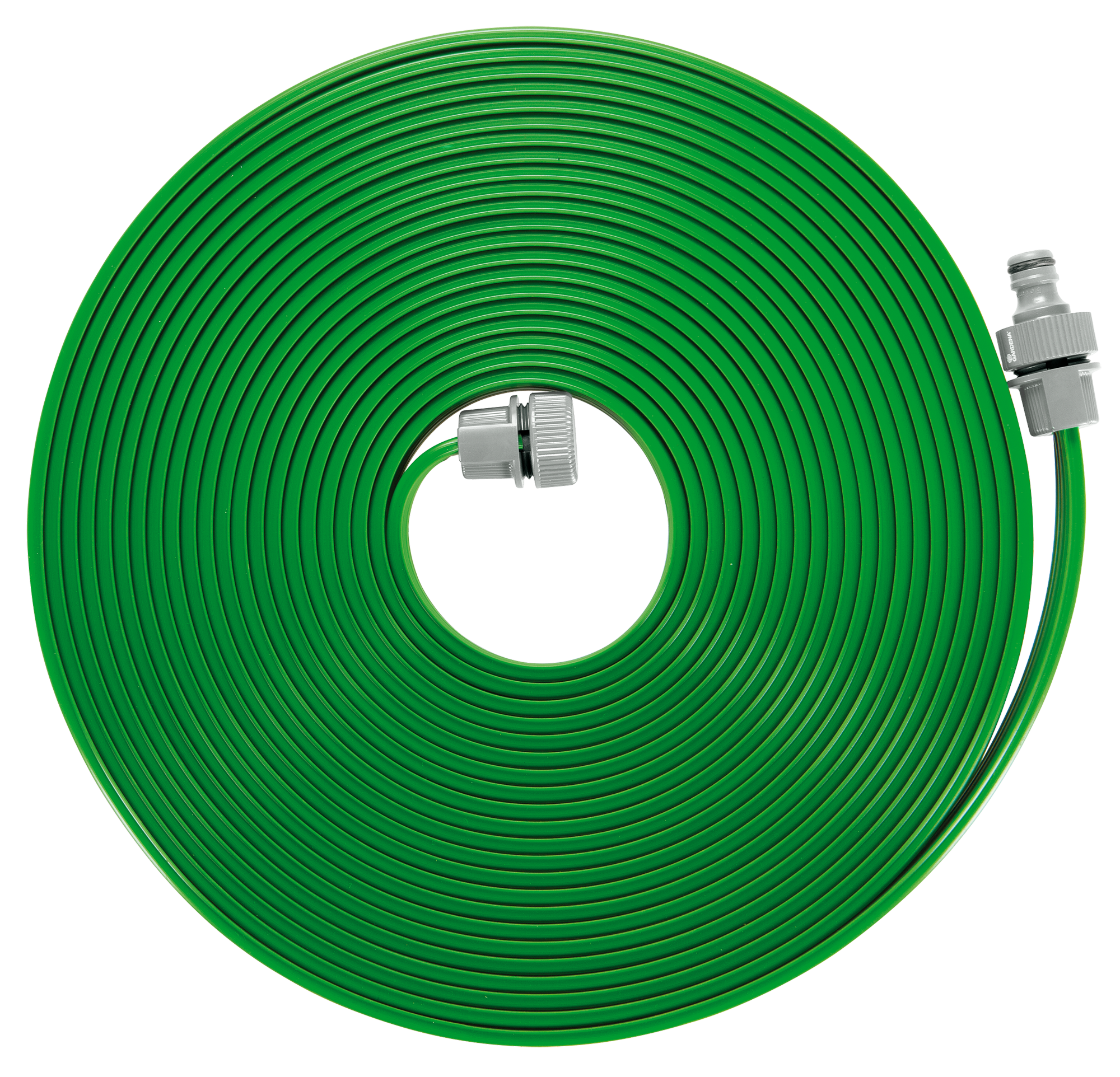 Top view of a coiled garden hose with connectors.