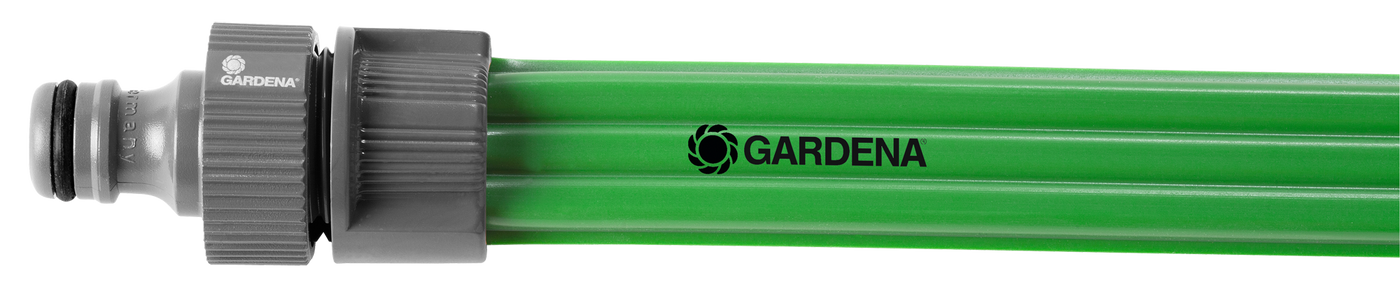 Front view of a Gardena garden hose with connector.
