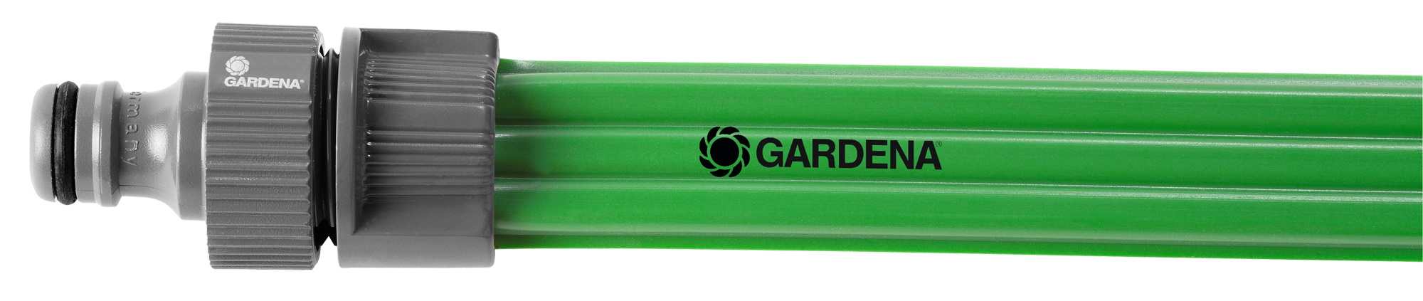 Front view of a Gardena garden hose with connector.