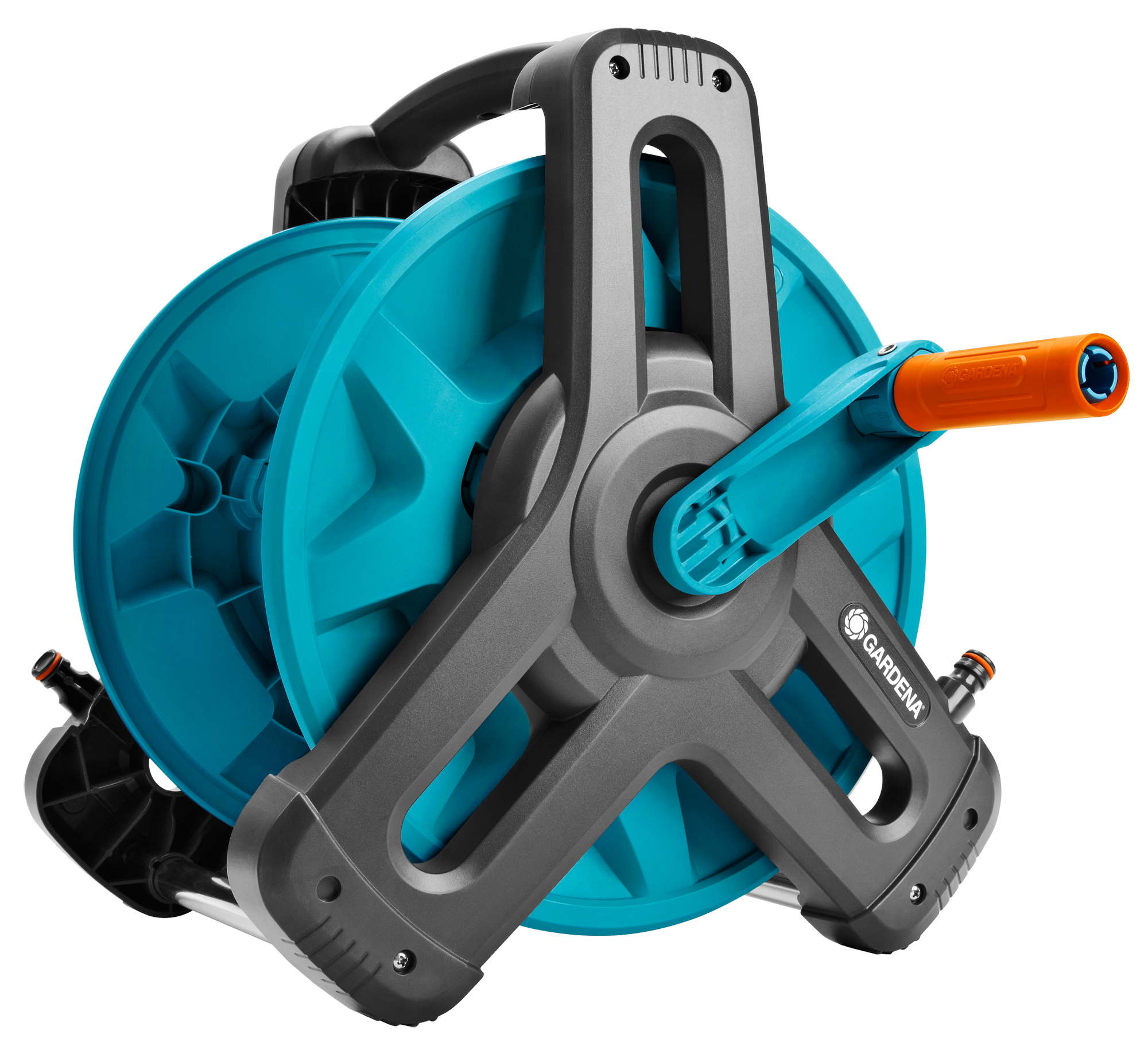 Front view of a Gardena hose reel with a crank handle.
