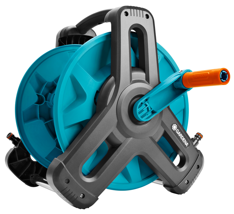 Front view of a Gardena hose reel with a crank handle., detailaanzicht Vijverslang