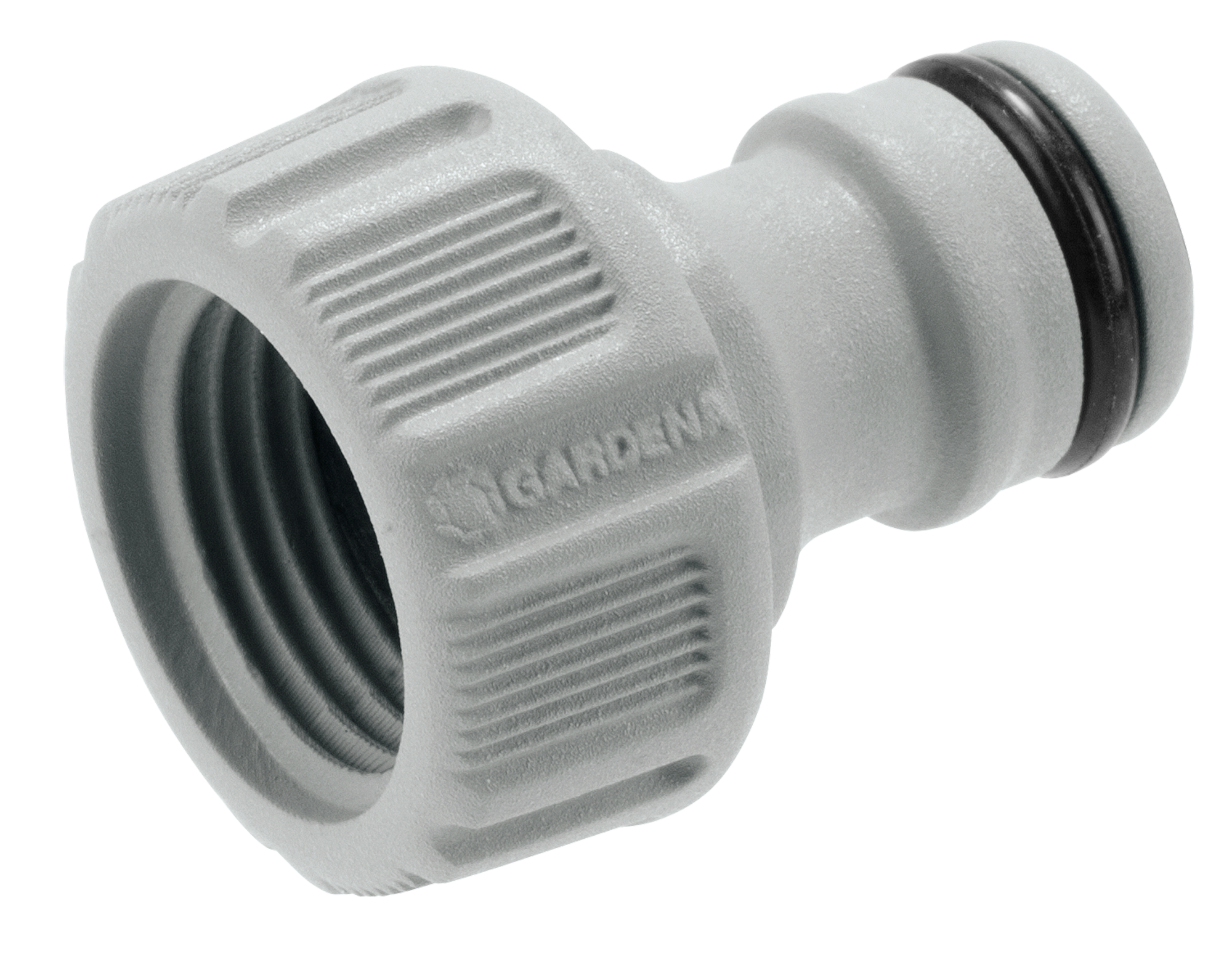 Front view of a Gardena hose connector with visible threading and O-ring.