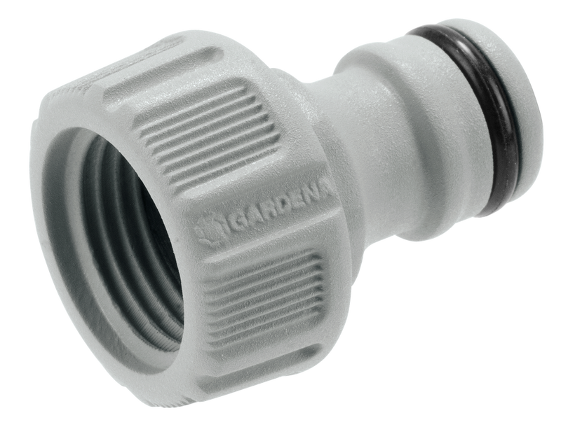 Front view of a Gardena hose connector with visible threading and O-ring., PVC Hulpstuk bij Vijvercentrum