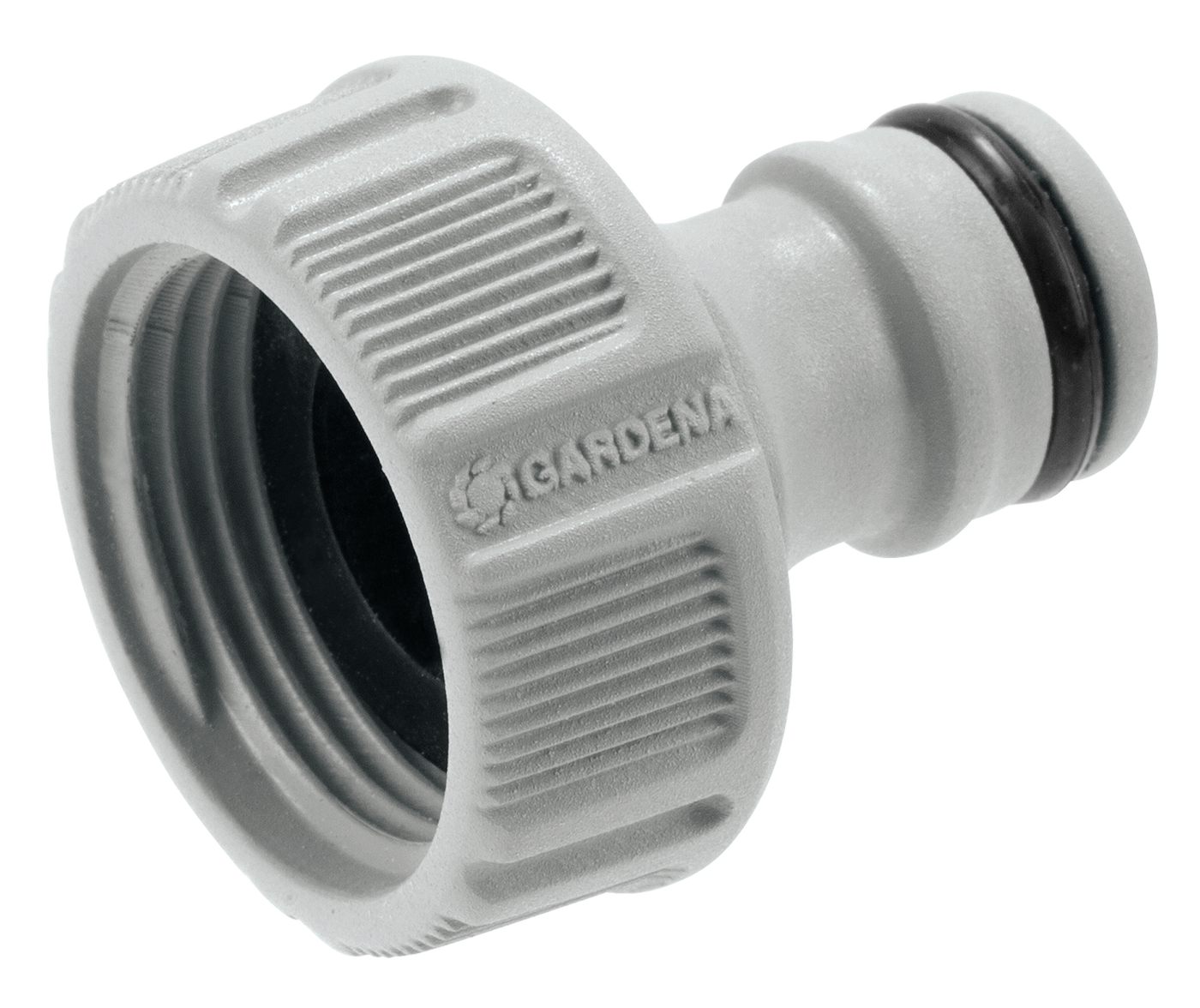 Front view of a Gardena hose connector with ribbed grip and rubber seal.