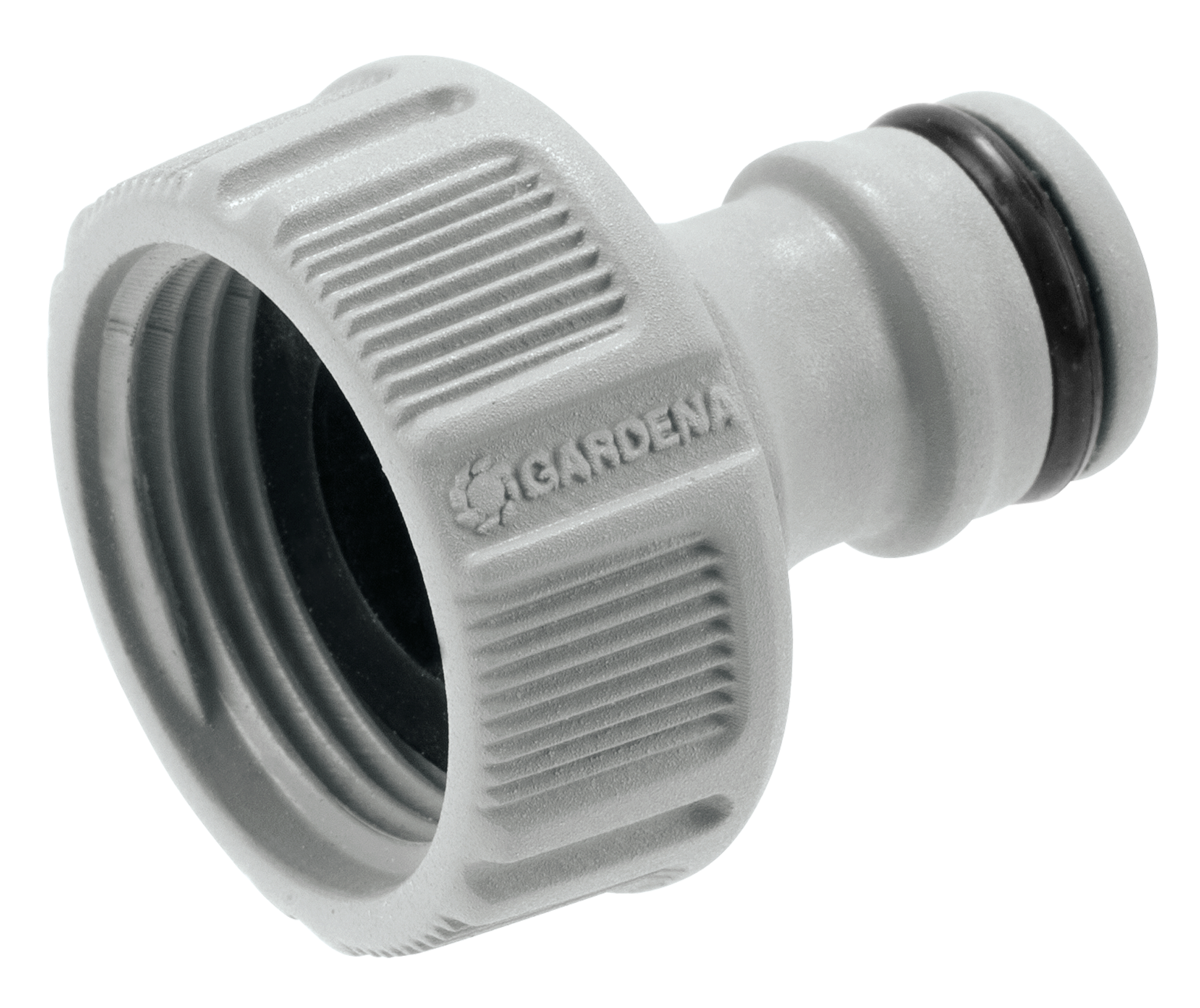 Front view of a Gardena hose connector with ribbed grip and rubber seal.