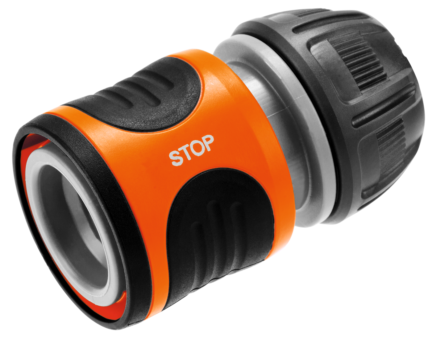 Front view of a Gardena hose connector with 'STOP' label.
