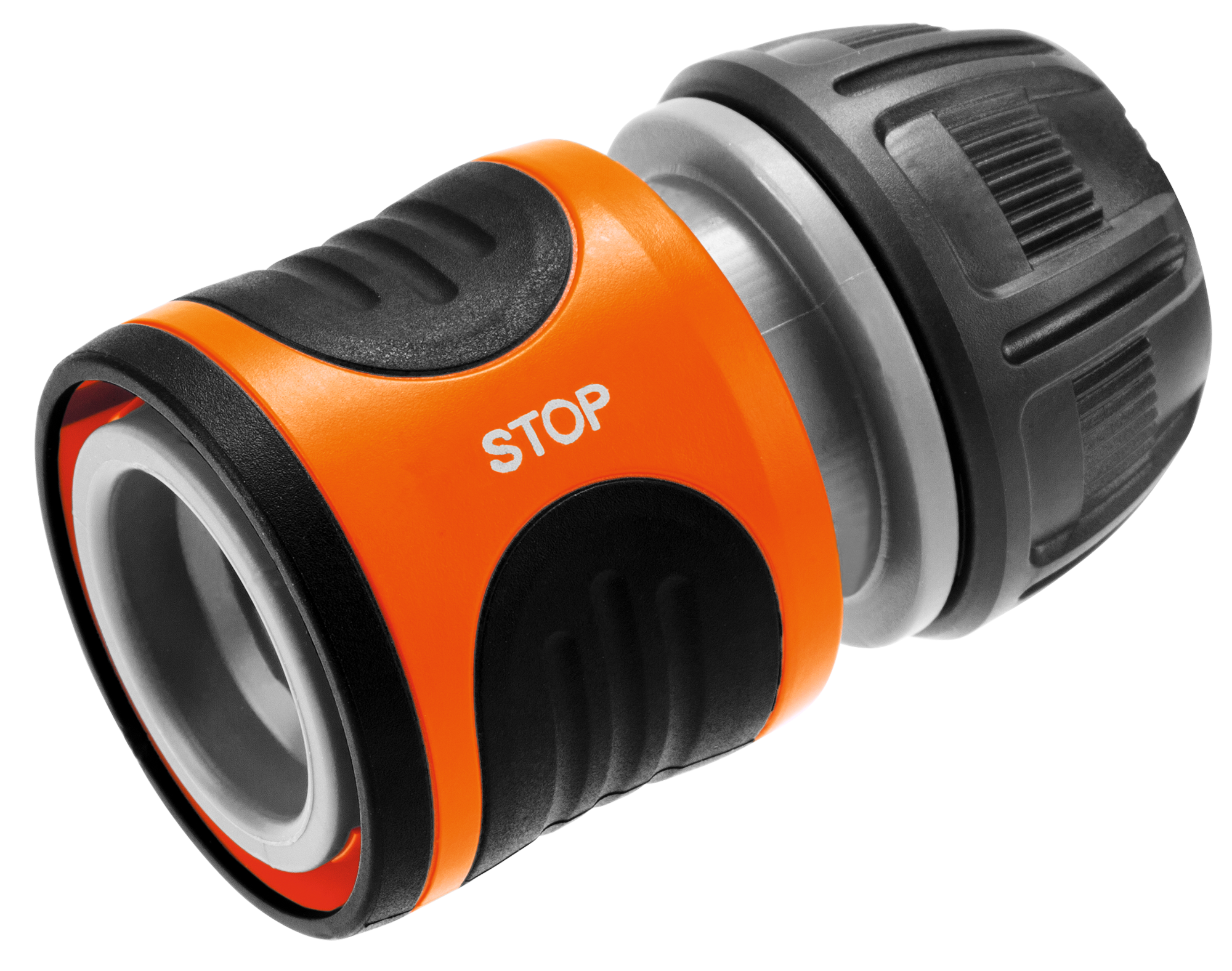Front view of a Gardena hose connector with 'STOP' label.