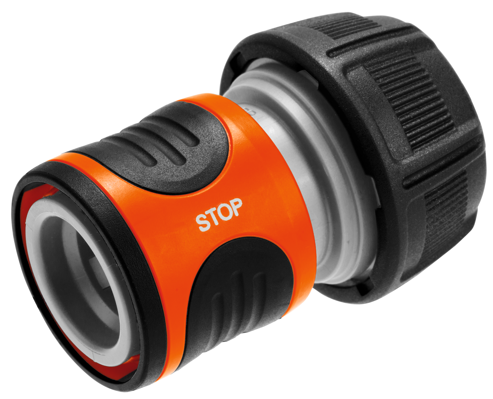 Close-up of a garden hose connector with a stop function.