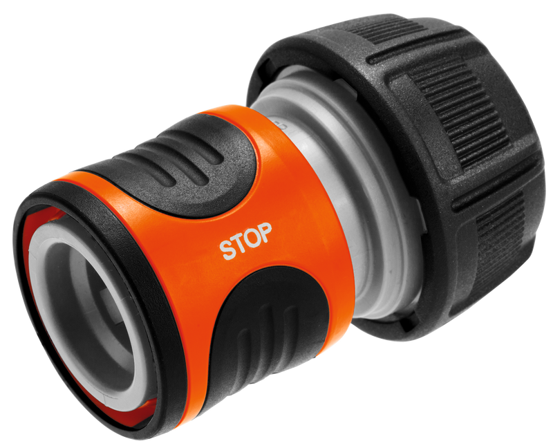 Close-up of a garden hose connector with a stop function., PVC Hulpstuk bij Vijvercentrum
