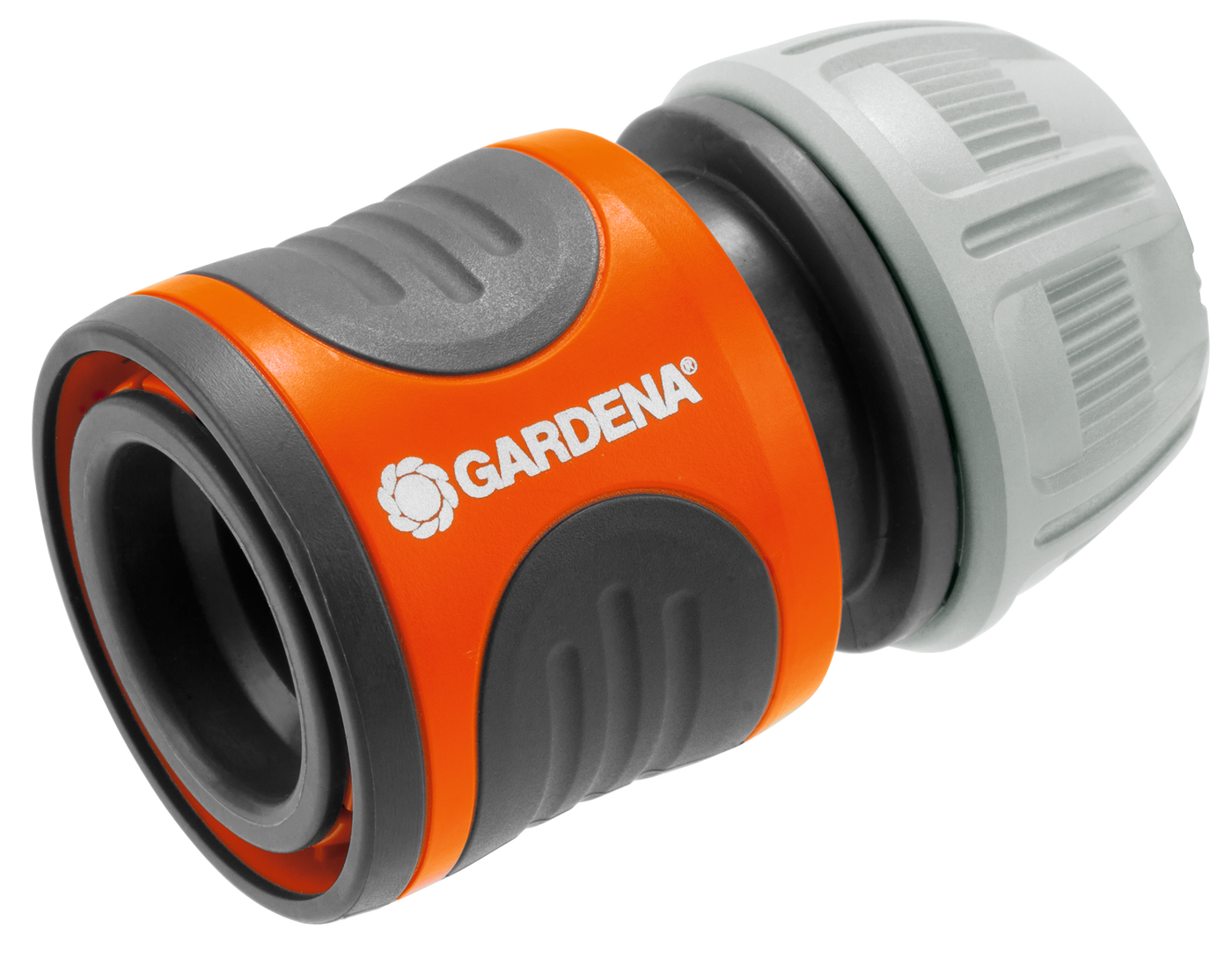 Front view of a Gardena hose connector with visible branding.