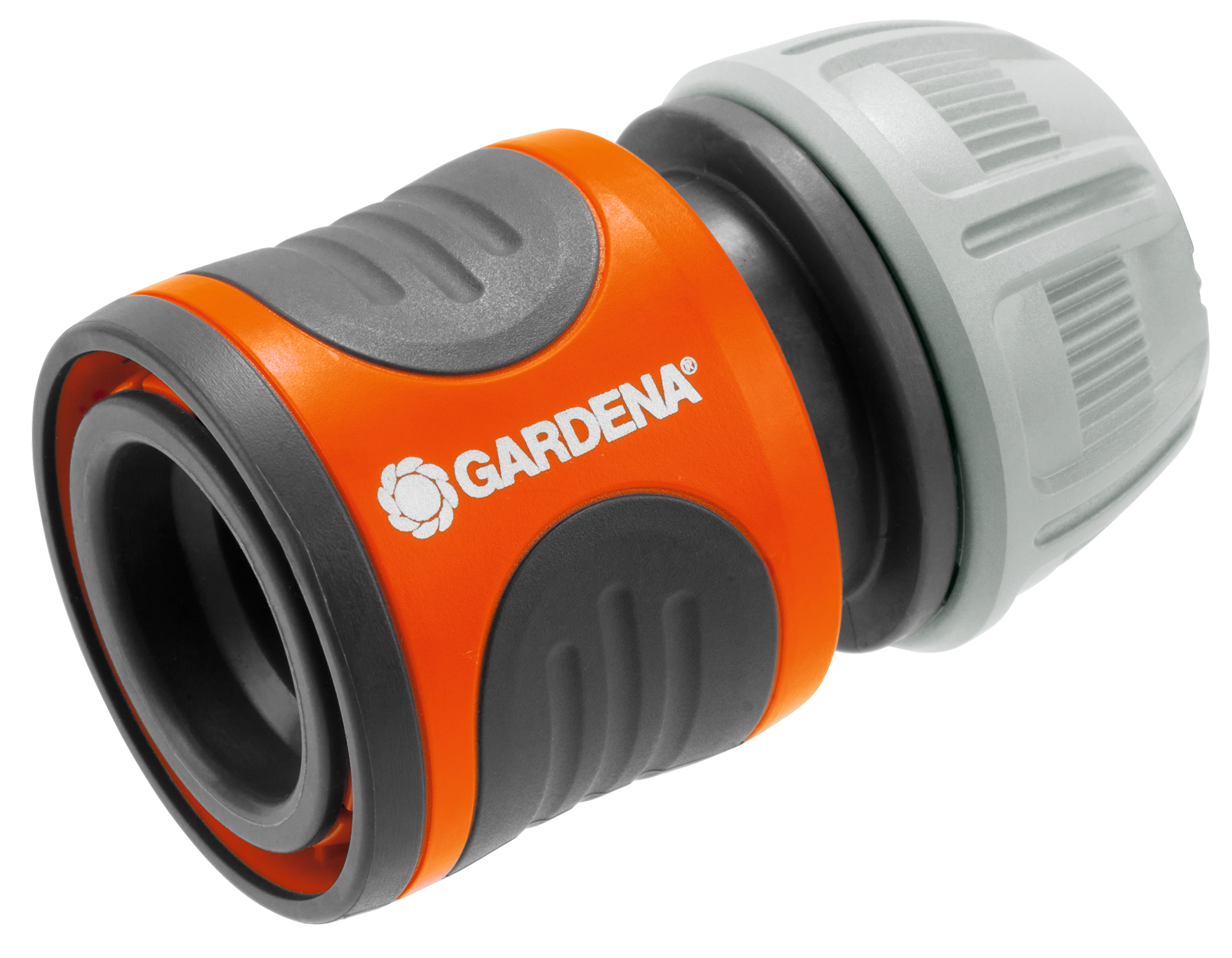 Front view of a Gardena hose connector with visible branding.