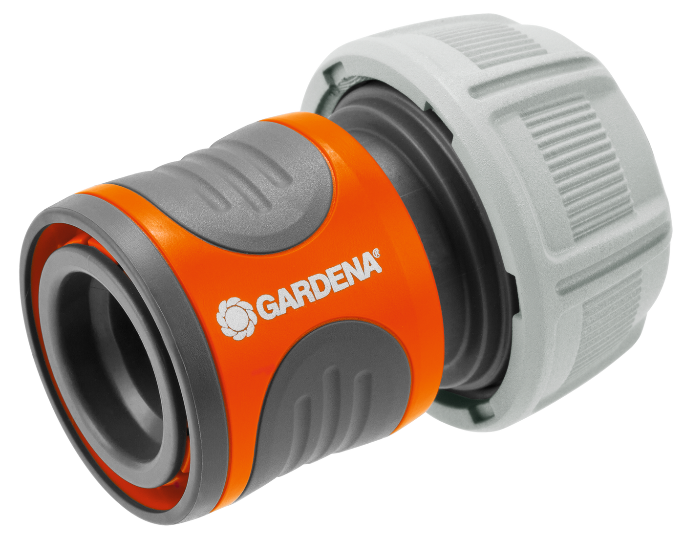 Front view of a Gardena hose connector.