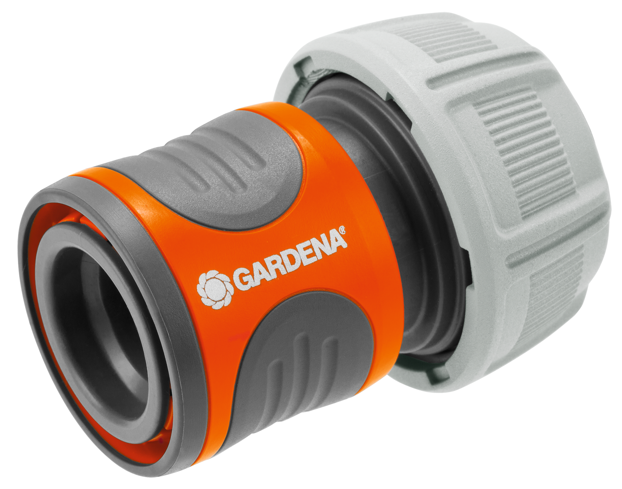 Front view of a Gardena hose connector.