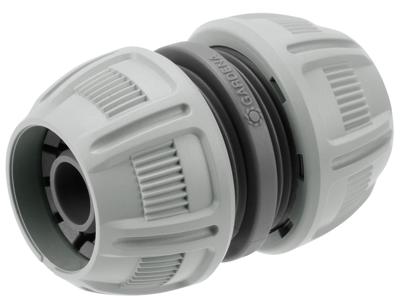 Front view of a Gardena hose connector with ribbed design.