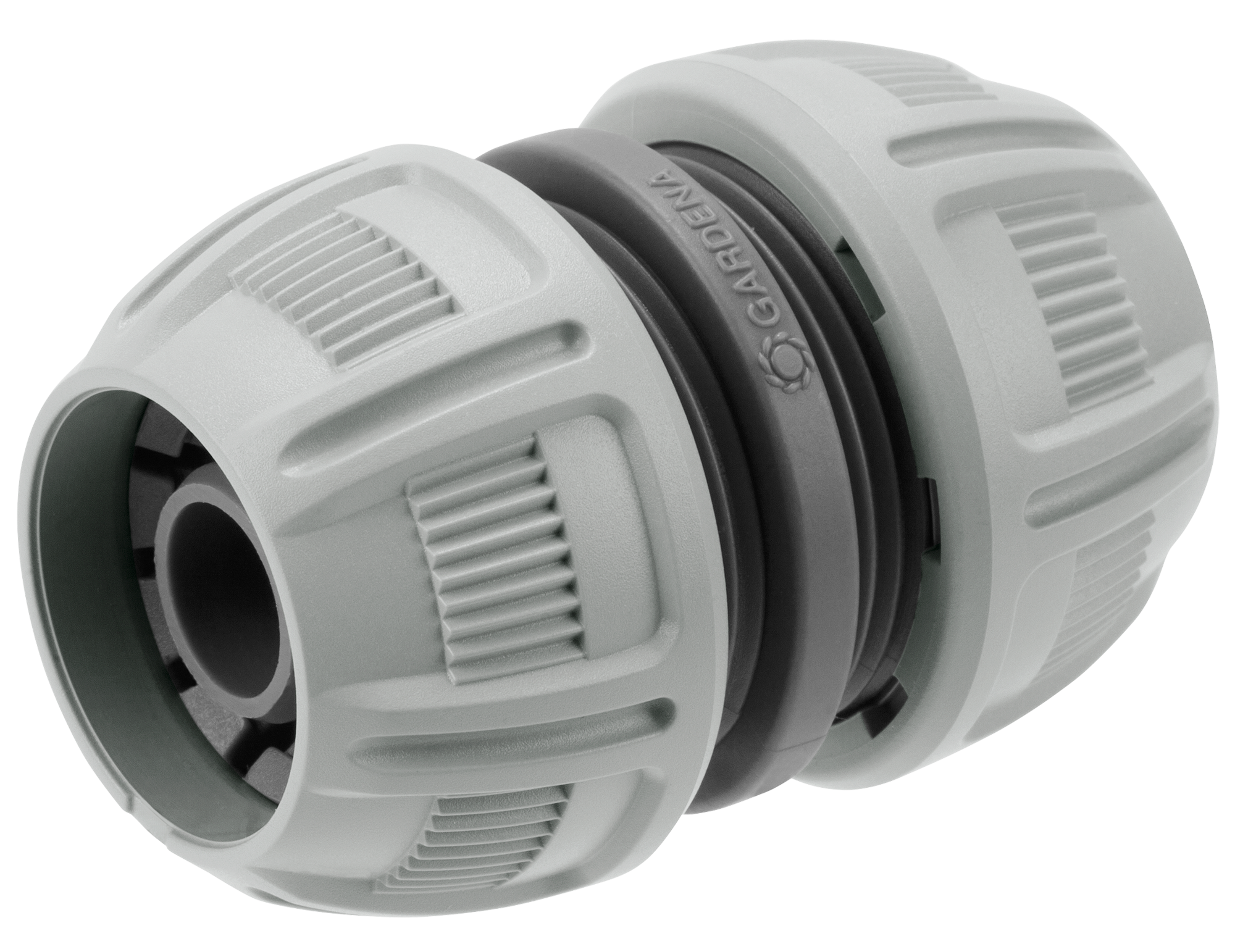 Front view of a Gardena hose connector with ribbed design.