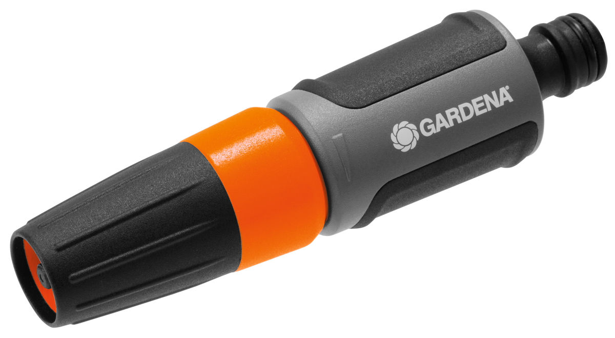 Front view of a Gardena garden hose nozzle with ergonomic design.