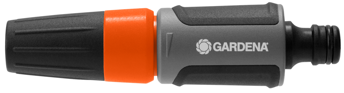 Side view of a Gardena hose connector with a grip design.